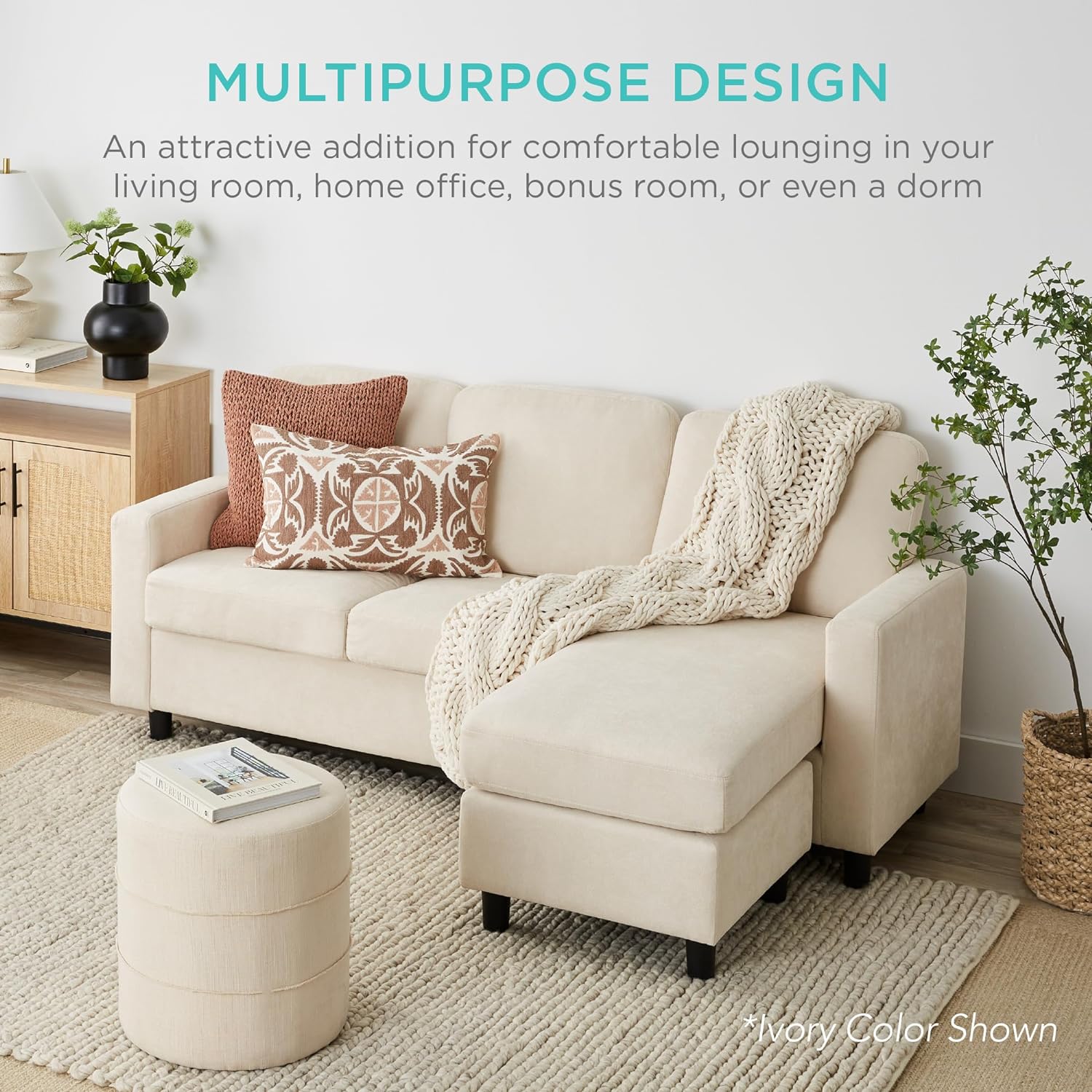 Best Choice Products Upholstered Sectional Sofa for Home, Apartment, Dorm, Bonus Room, Compact Spaces w/Chaise Lounge, 3-Seat, L-Shape Design, Reversible Ottoman Bench, 680lb Capacity - Light Gray