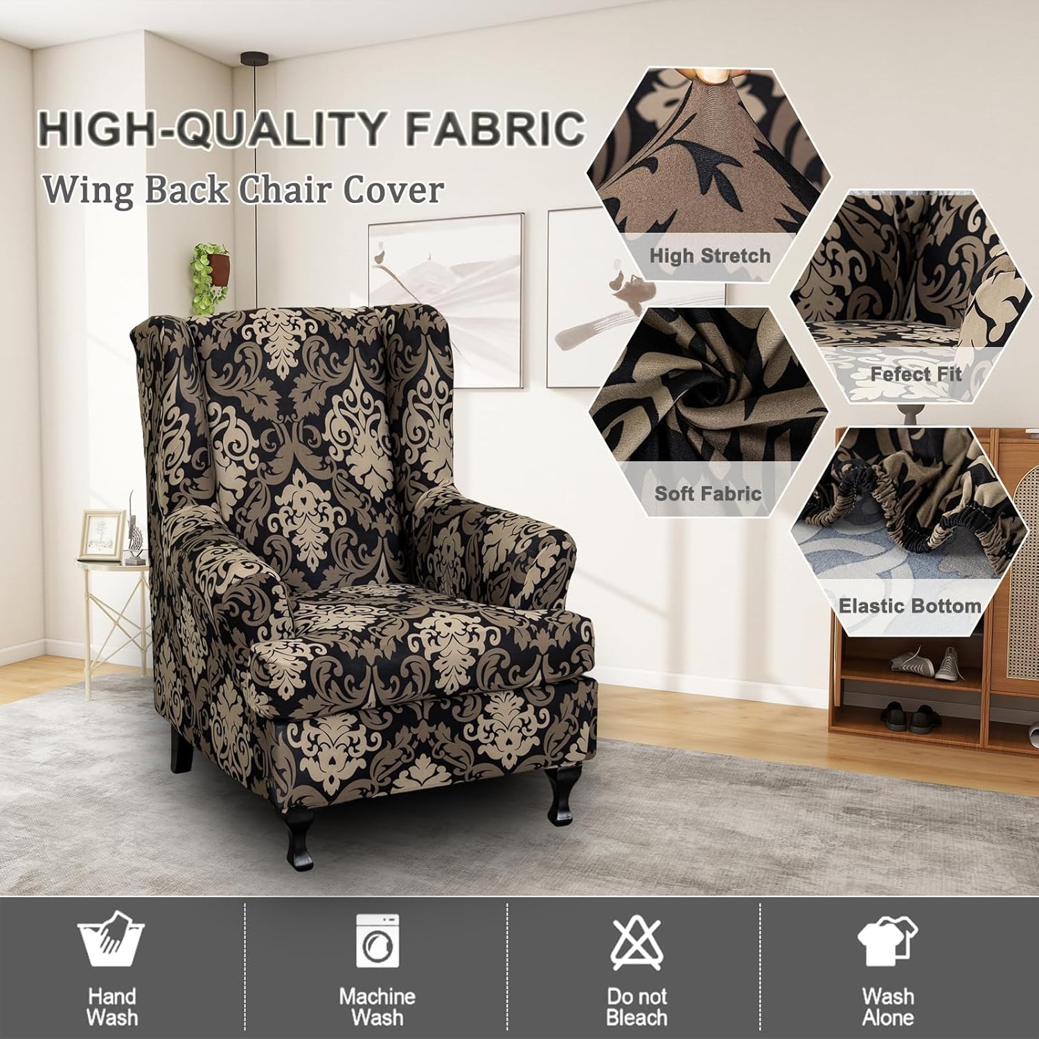 Wing Chair Slipcovers 2 Pieces Stretch Spandex Wingback Chair Covers Sofa Slipcover Printing Wingback Armchair Slipcovers Furniture Protector Couch Soft with Elastic Bottom for Wingback Chairs,12