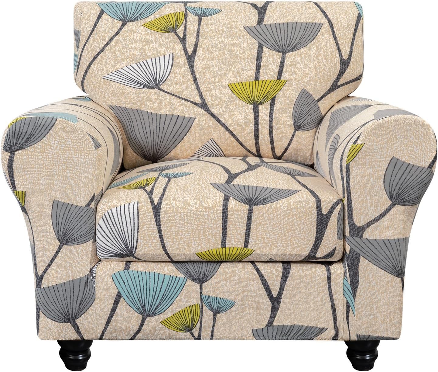 SearchI Stretch Sofa Cover Printed Couch Covers, Floral Pattern 2 Piece Armchair Slipcover with Separate Chair Cushion Cover, Washable Furniture Protector for Living Room(Armchair, Ball Flower)