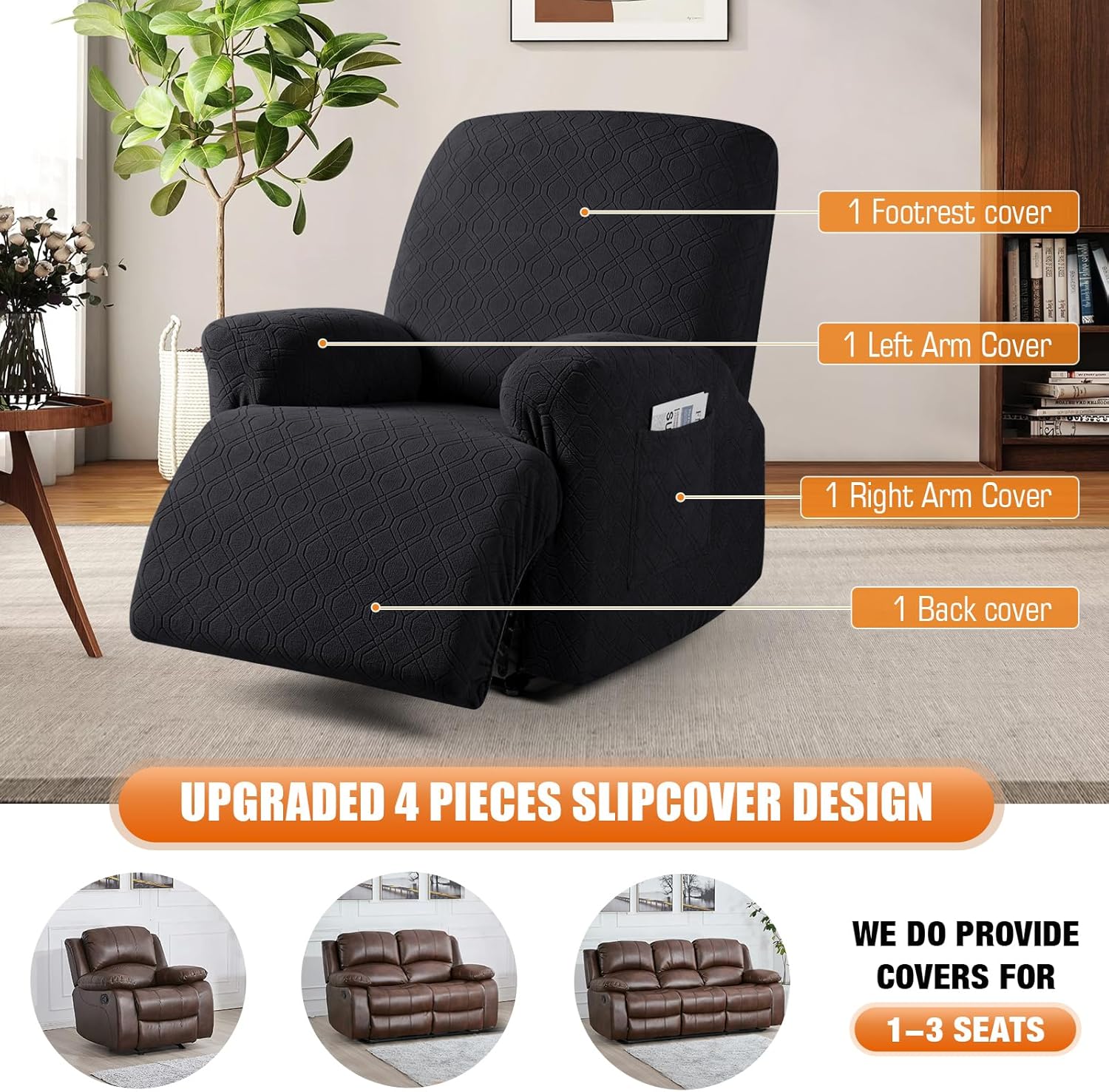 VANSOFY Recliner Chair Cover, 3-Pieces Stretch Recliner Covers for Recliner Chair Soft Reclining Chair Slipcover Furniture Protector for Dogs Cats(Dark Gray)