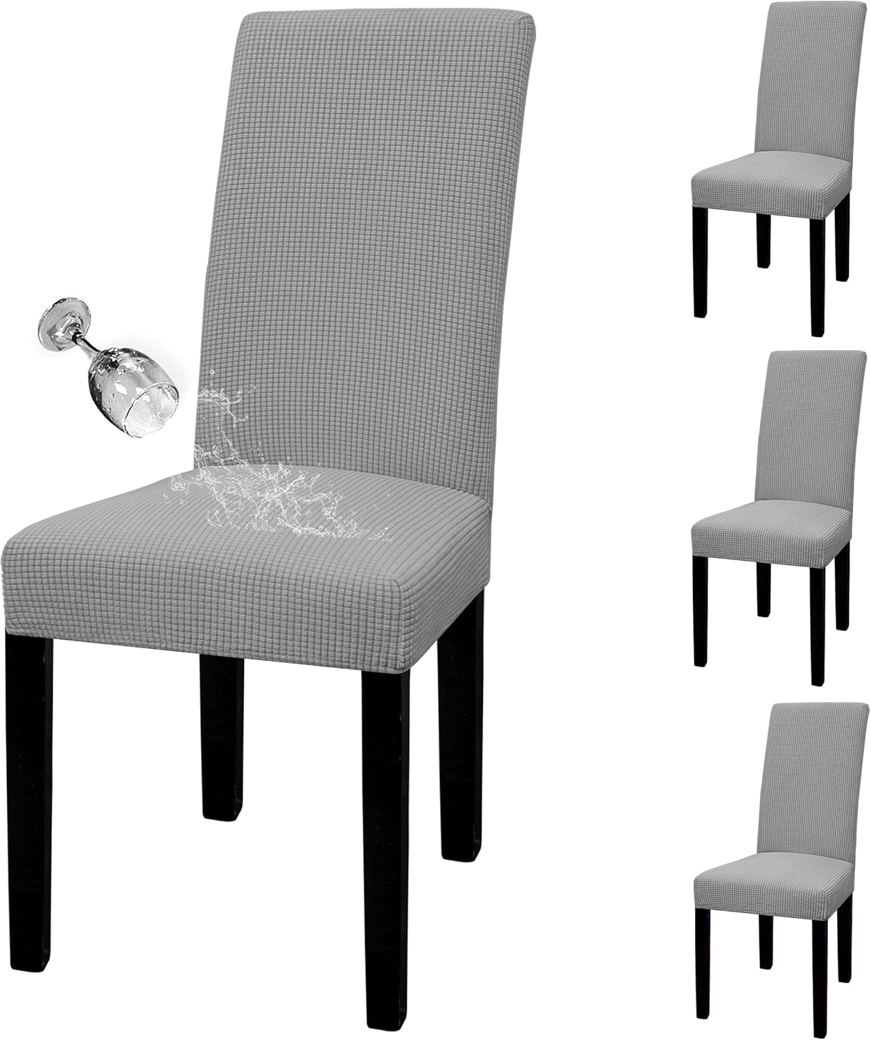 Easy-Going 100% Waterproof Dining Room Chair Cover Set of 6, Stretch Jacquard Parson Chair Slipcover Removable Washable Chair Protector for Home, Restaurant, Banquet (Large, Light Gray)