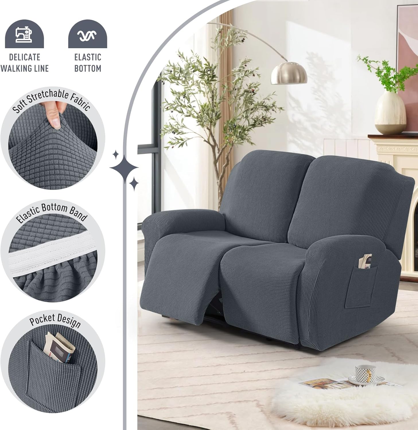 TAOCOCO Recliner Cover 4-Pieces, Recliner Stretch Sofa Slipcover, Recliner Cover 1 Seat, Couch Protector Soft, Furniture Protector Covers with Elastic,Chair Covers Jacquard Pattern (Grey)