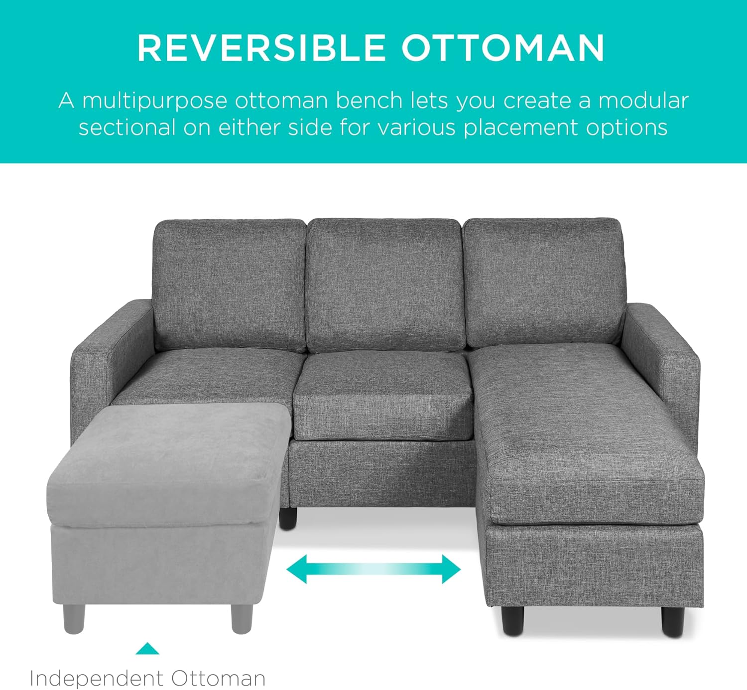 Best Choice Products Upholstered Sectional Sofa for Home, Apartment, Dorm, Bonus Room, Compact Spaces w/Chaise Lounge, 3-Seat, L-Shape Design, Reversible Ottoman Bench, 680lb Capacity - Light Gray