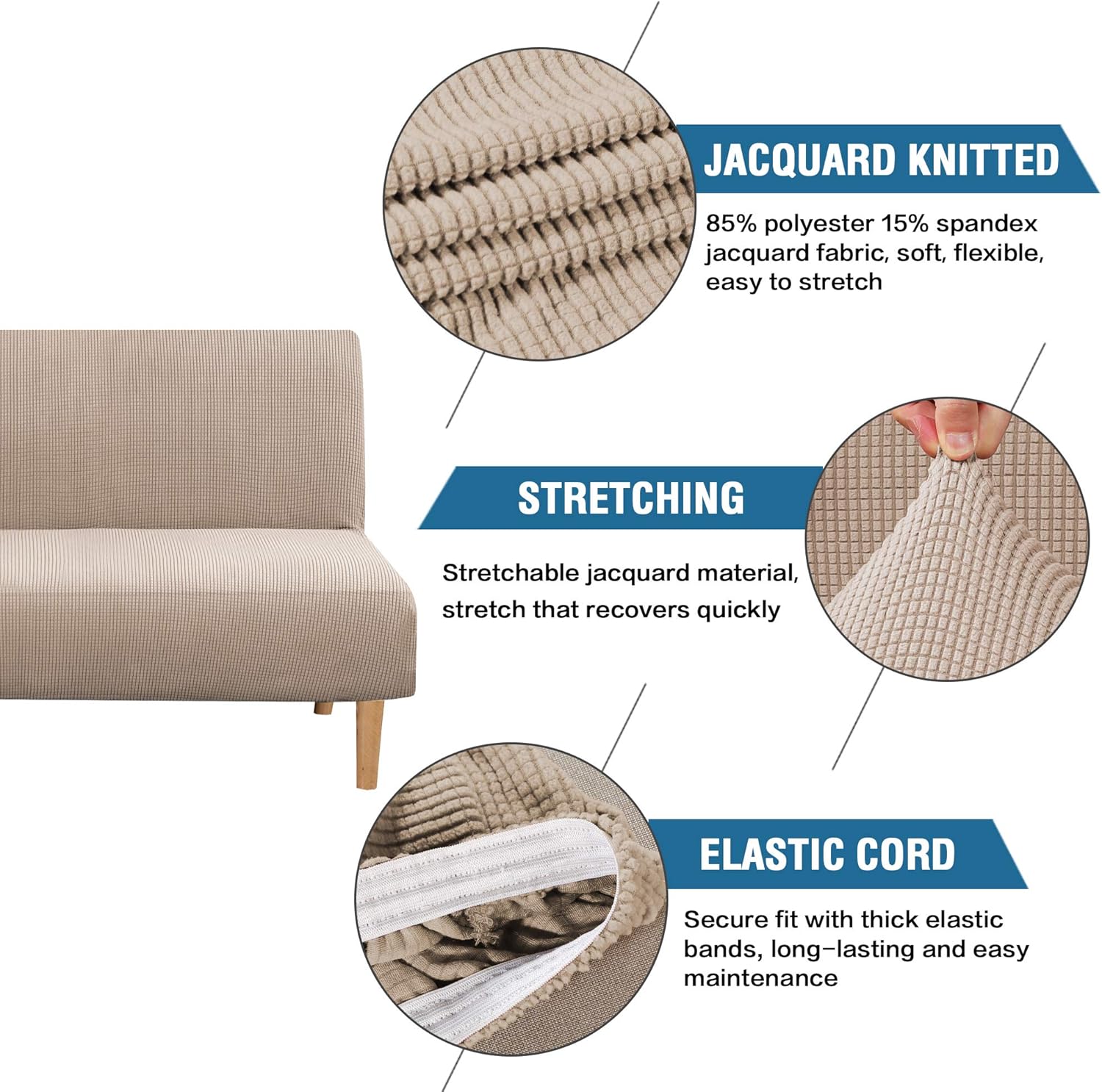 H.VERSAILTEX Armless Futon Cover Stretch Sofa Bed Slipcover Protector Elastic Feature Rich Textured High Spandex Small Checks Jacquard Fabric Futon Cover, Machine Washable, Sage