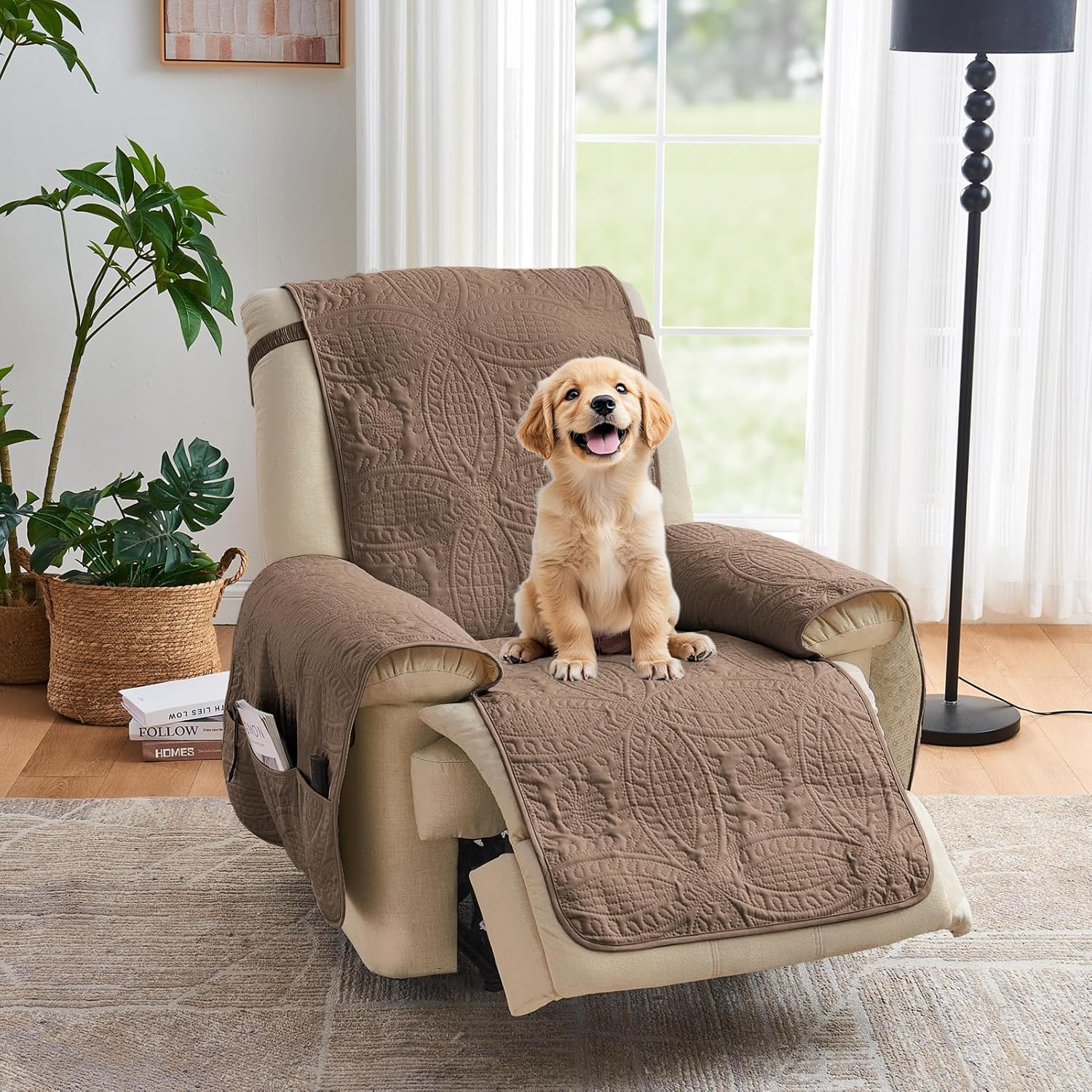 Beige Quilted Recliner Covers, Water-Repellent Recliner Slipcovers, Lazy Boy Chair Covers, Pet Friendly Recliner Cover for Dogs Cats, Washable Furniture Protector (Recliner 22", Beige Cream)