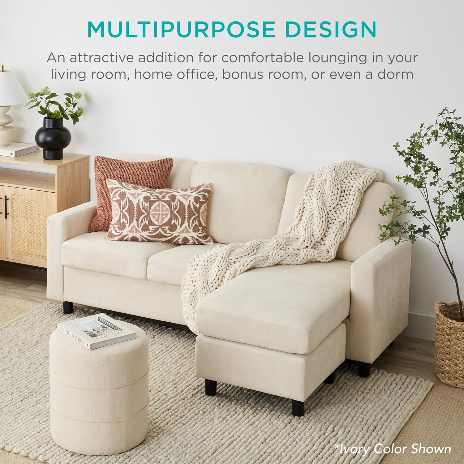 Best Choice Products Upholstered Sectional Sofa for Home, Apartment, Dorm, Bonus Room, Compact Spaces w/Chaise Lounge, 3-Seat, L-Shape Design, Reversible Ottoman Bench, 680lb Capacity - Light Gray