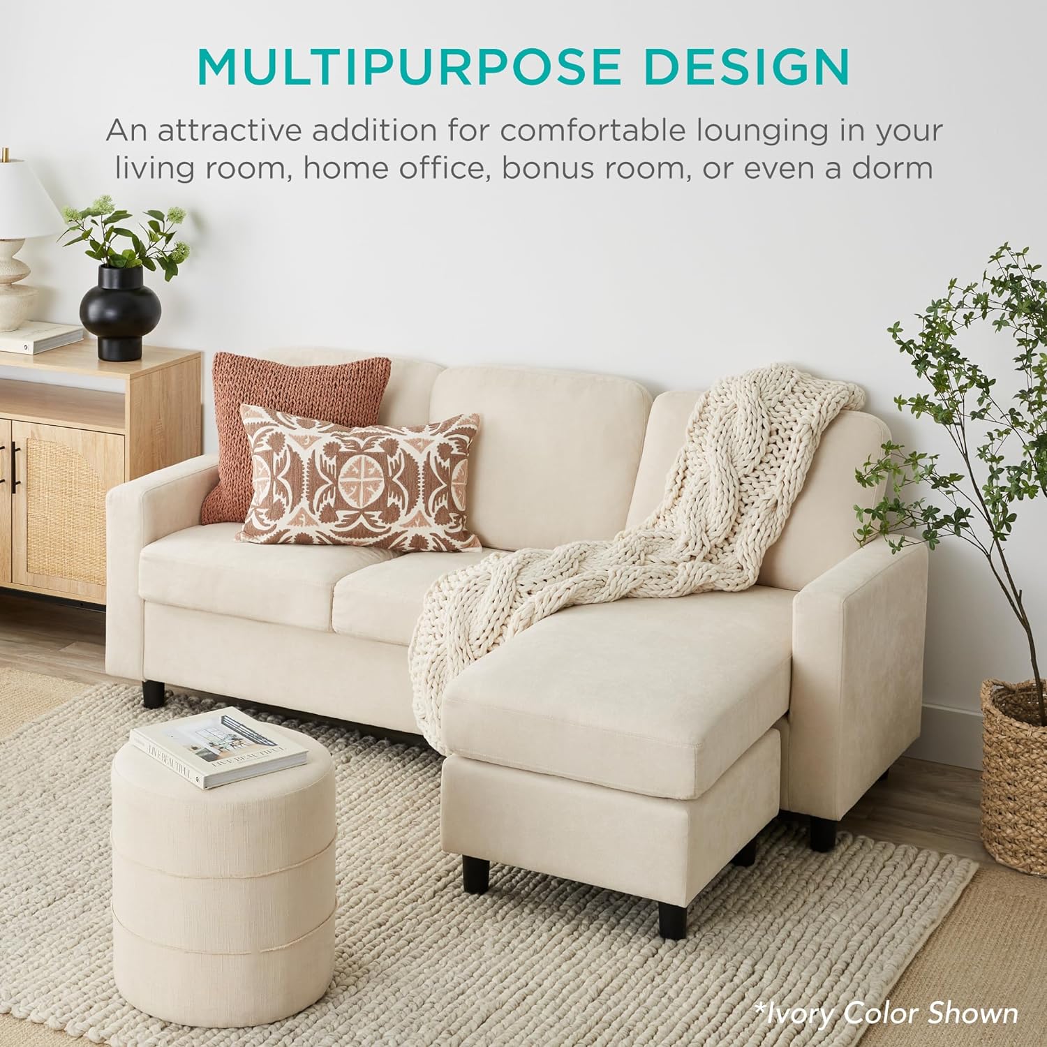 Best Choice Products Upholstered Sectional Sofa for Home, Apartment, Dorm, Bonus Room, Compact Spaces w/Chaise Lounge, 3-Seat, L-Shape Design, Reversible Ottoman Bench, 680lb Capacity - Light Gray