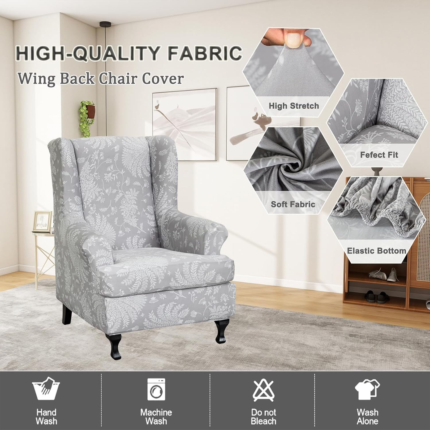 Wing Chair Slipcovers 2 Pieces Stretch Spandex Wingback Chair Covers Sofa Slipcover Printing Wingback Armchair Slipcovers Furniture Protector Couch Soft with Elastic Bottom for Wingback Chairs,12