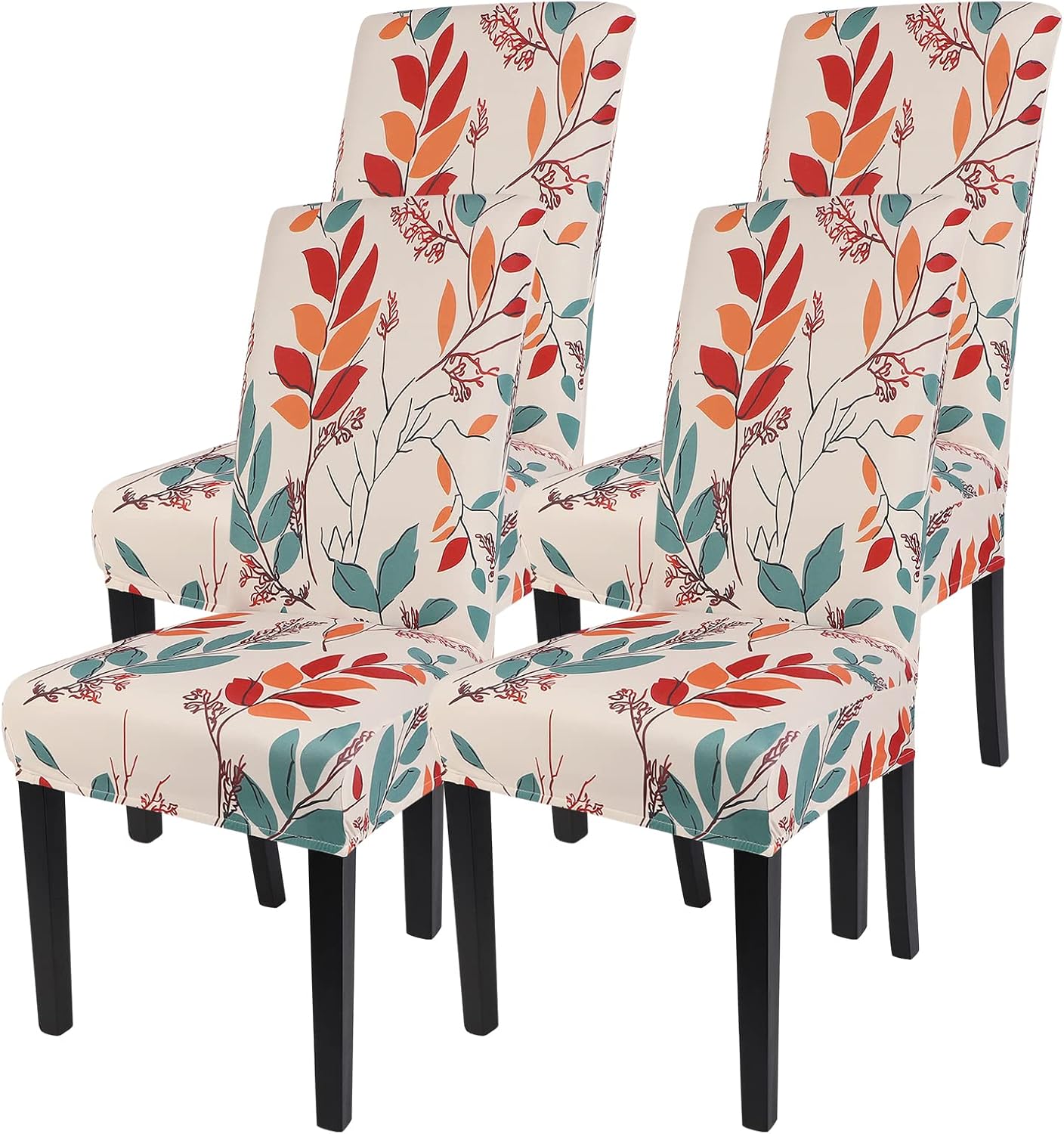 SearchI Chair Covers Slipcovers Set of 4, Spandex Super Fit Stretch Removable Washable Kitchen Parsons Protector for Dining Room,Hotel,Ceremony,Beige+Flowers