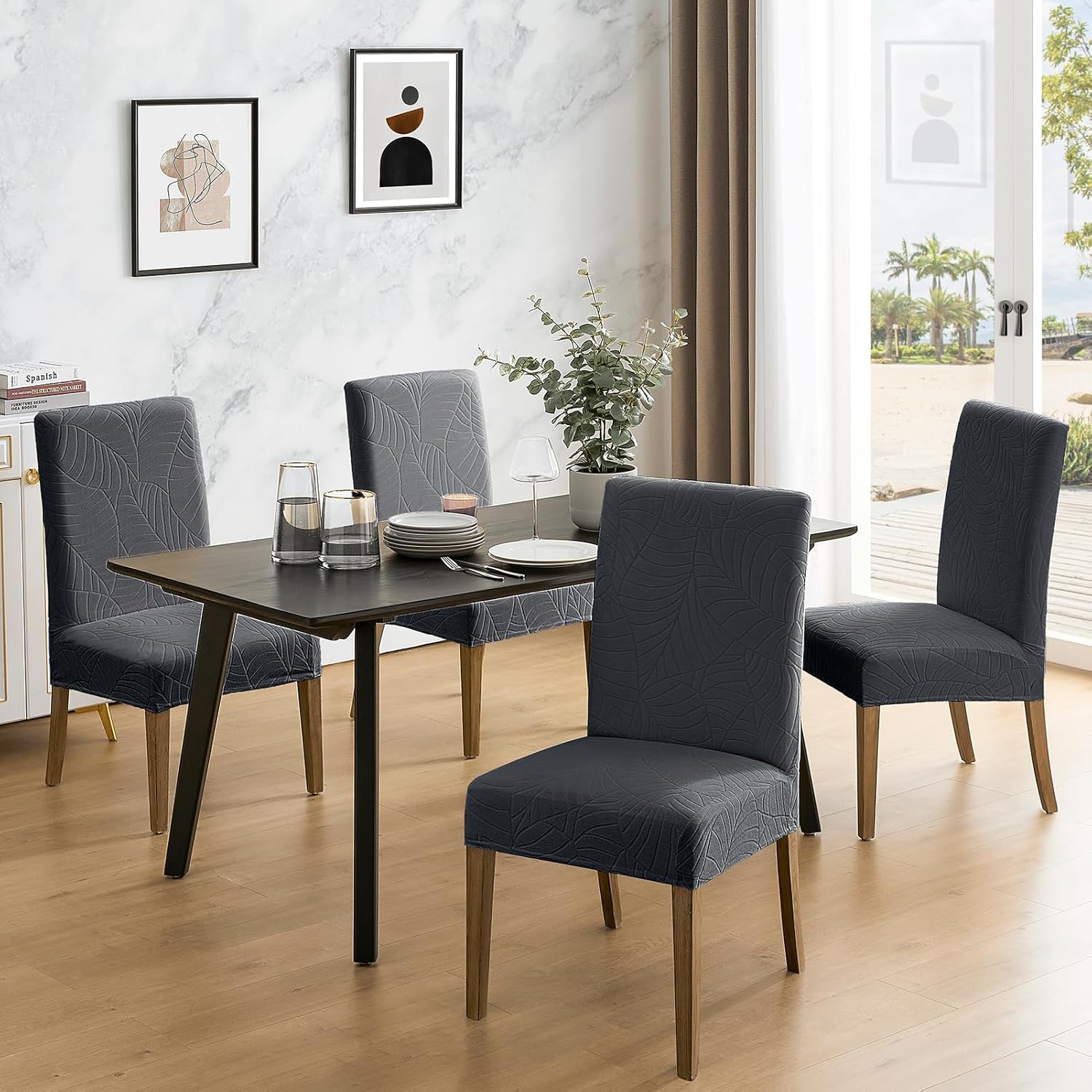 MOSAYT 100% Waterproof Dining Room Chair Covers Set of 4, Super Fit Stretch Jacquard Parson Chairs Slipcovers Removable Washable Chair Seat Protectors for Home, Kitchen, Banquet (Beige)