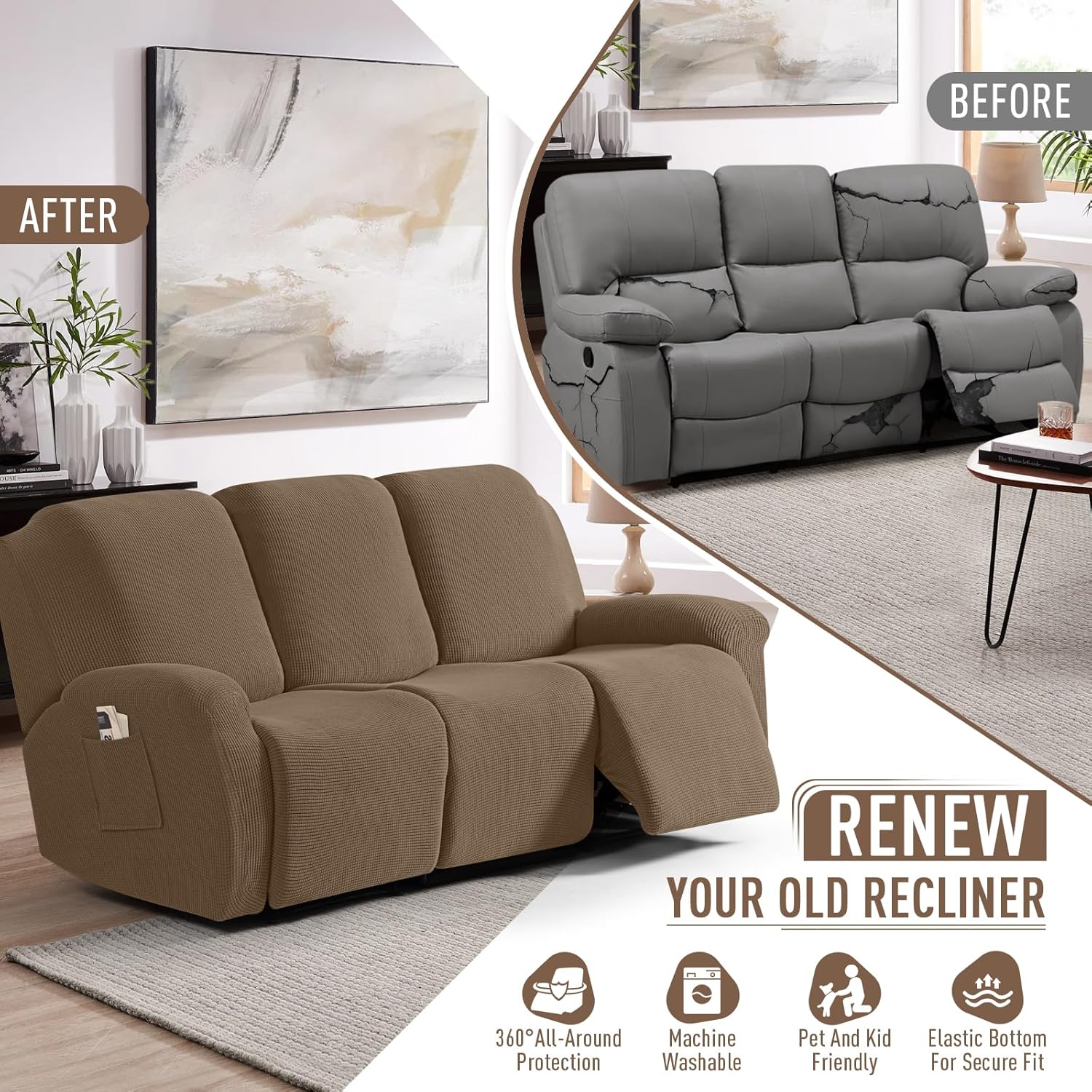 TAOCOCO Recliner Cover 4-Pieces, Recliner Stretch Sofa Slipcover, Recliner Cover 1 Seat, Couch Protector Soft, Furniture Protector Covers with Elastic,Chair Covers Jacquard Pattern (Grey)