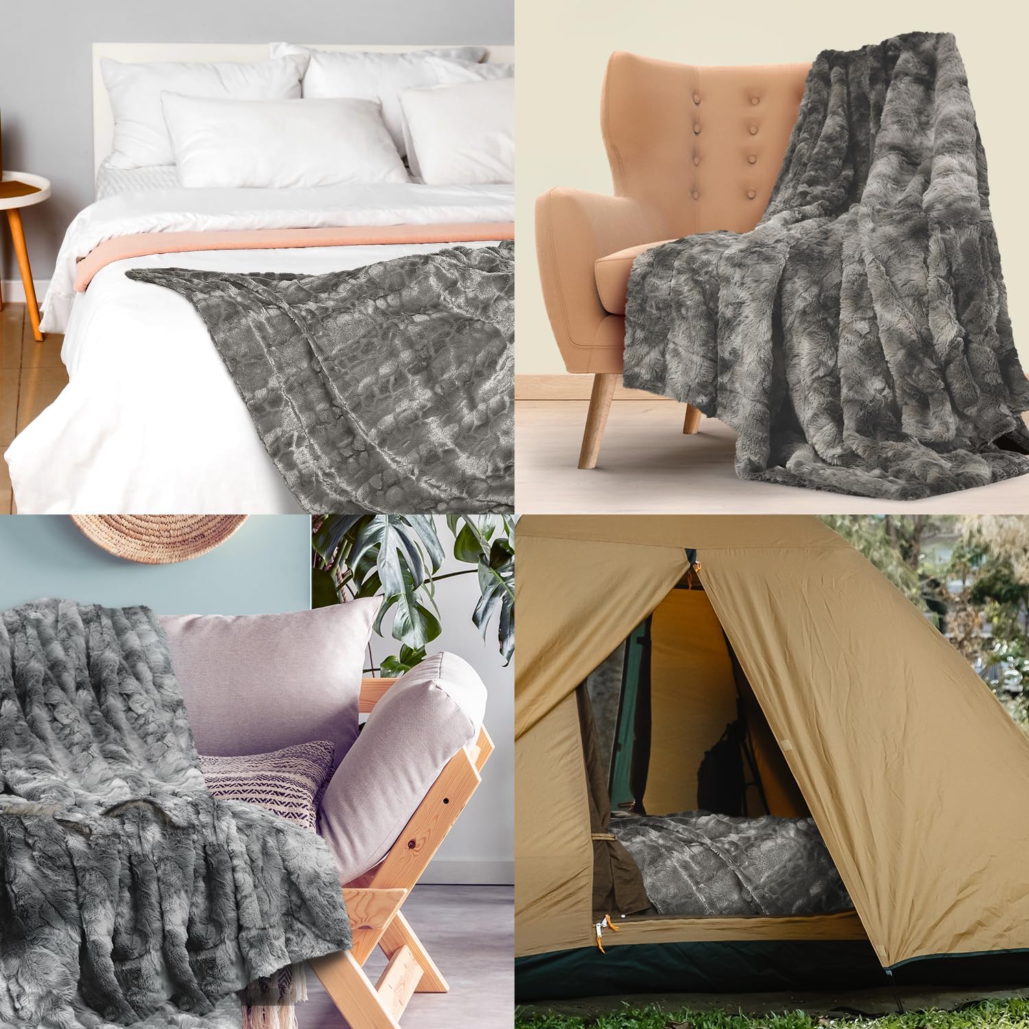 Gray Faux Fur Throw Blanket for Couch