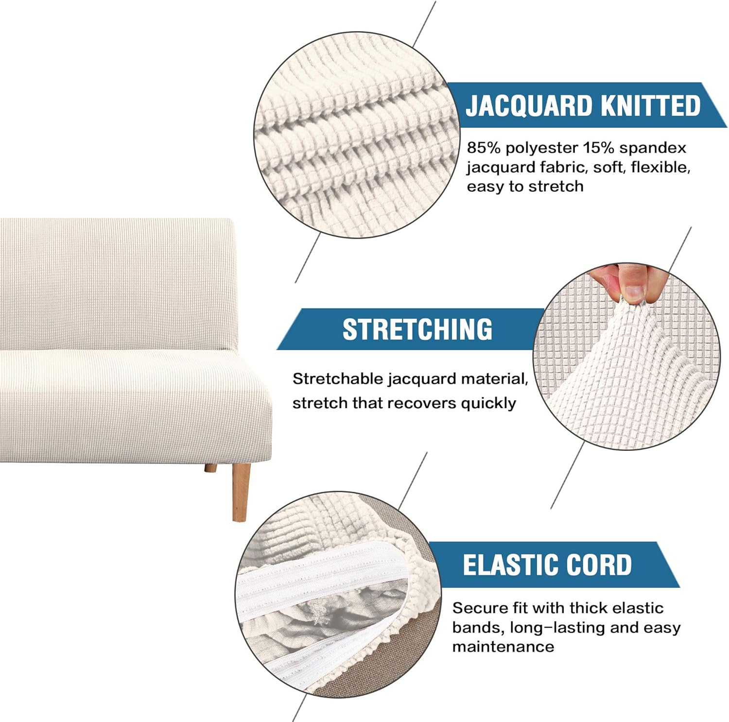 H.VERSAILTEX Armless Futon Cover Stretch Sofa Bed Slipcover Protector Elastic Feature Rich Textured High Spandex Small Checks Jacquard Fabric Futon Cover, Machine Washable, Sage