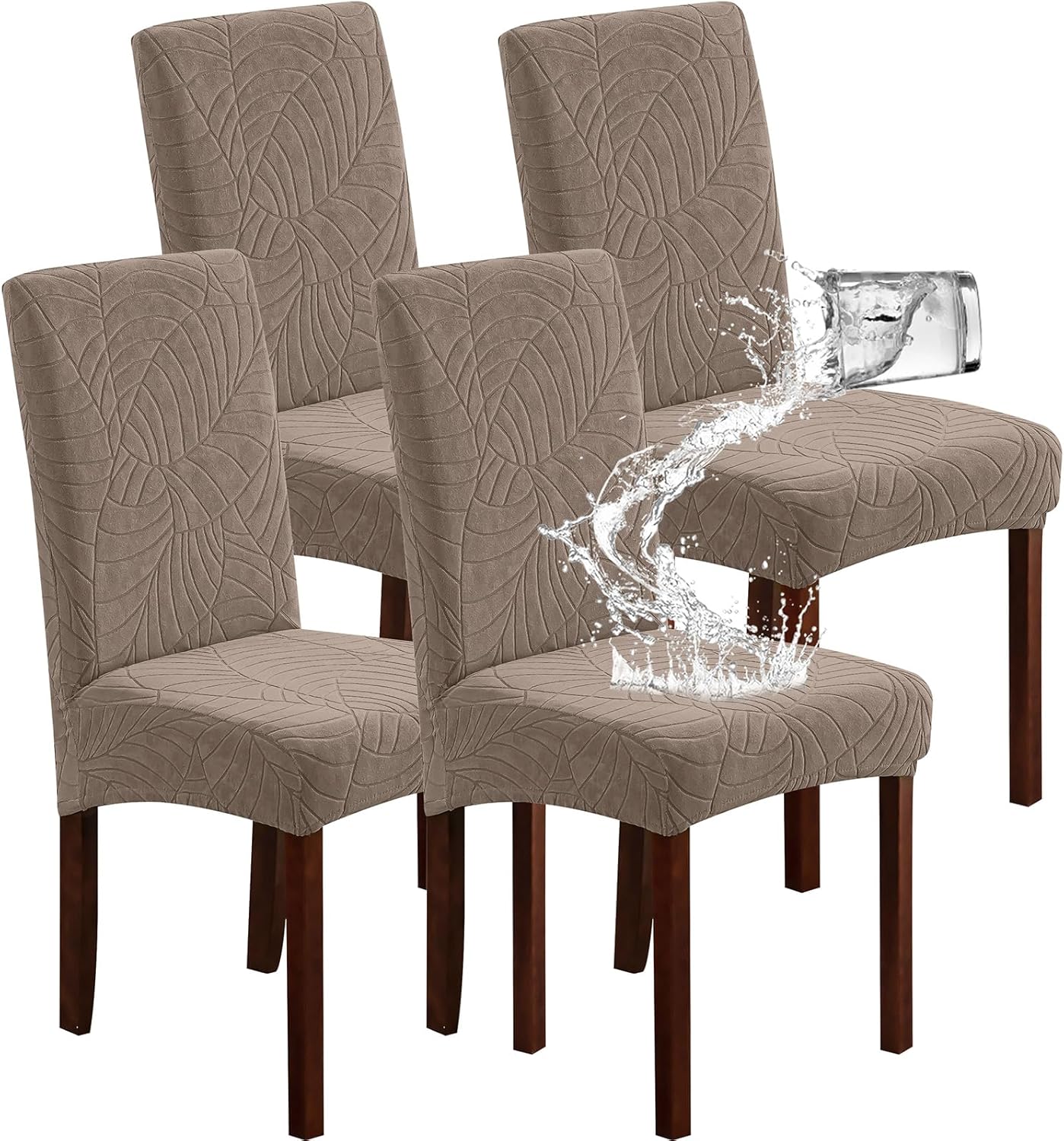 Genina 100% Waterproof Chair Covers for Dining Room Set of 4, Stretch Parson Chair Slipcovers for Kitchen Chairs, Washable Chair Protectors, Leaves-Warm Gray