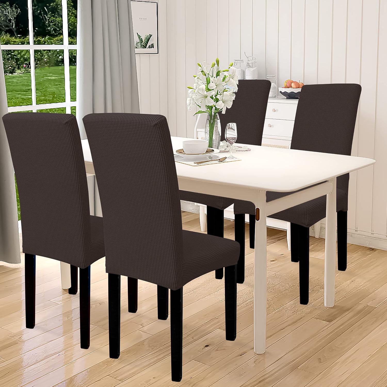 Easy-Going 100% Waterproof Dining Room Chair Cover Set of 6, Stretch Jacquard Parson Chair Slipcover Removable Washable Chair Protector for Home, Restaurant, Banquet (Large, Light Gray)