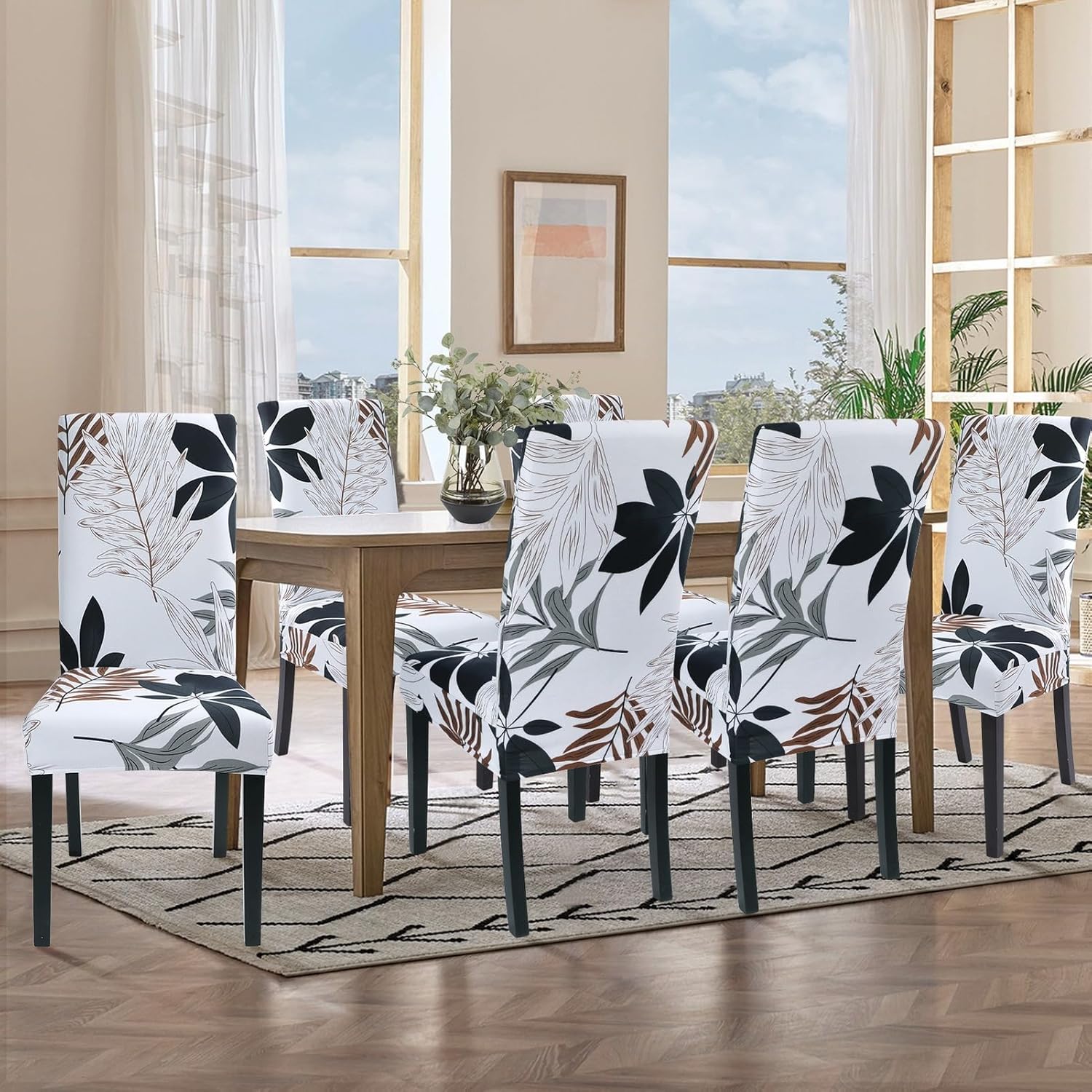 SearchI Chair Covers Slipcovers Set of 4, Spandex Super Fit Stretch Removable Washable Kitchen Parsons Protector for Dining Room,Hotel,Ceremony,Beige+Flowers