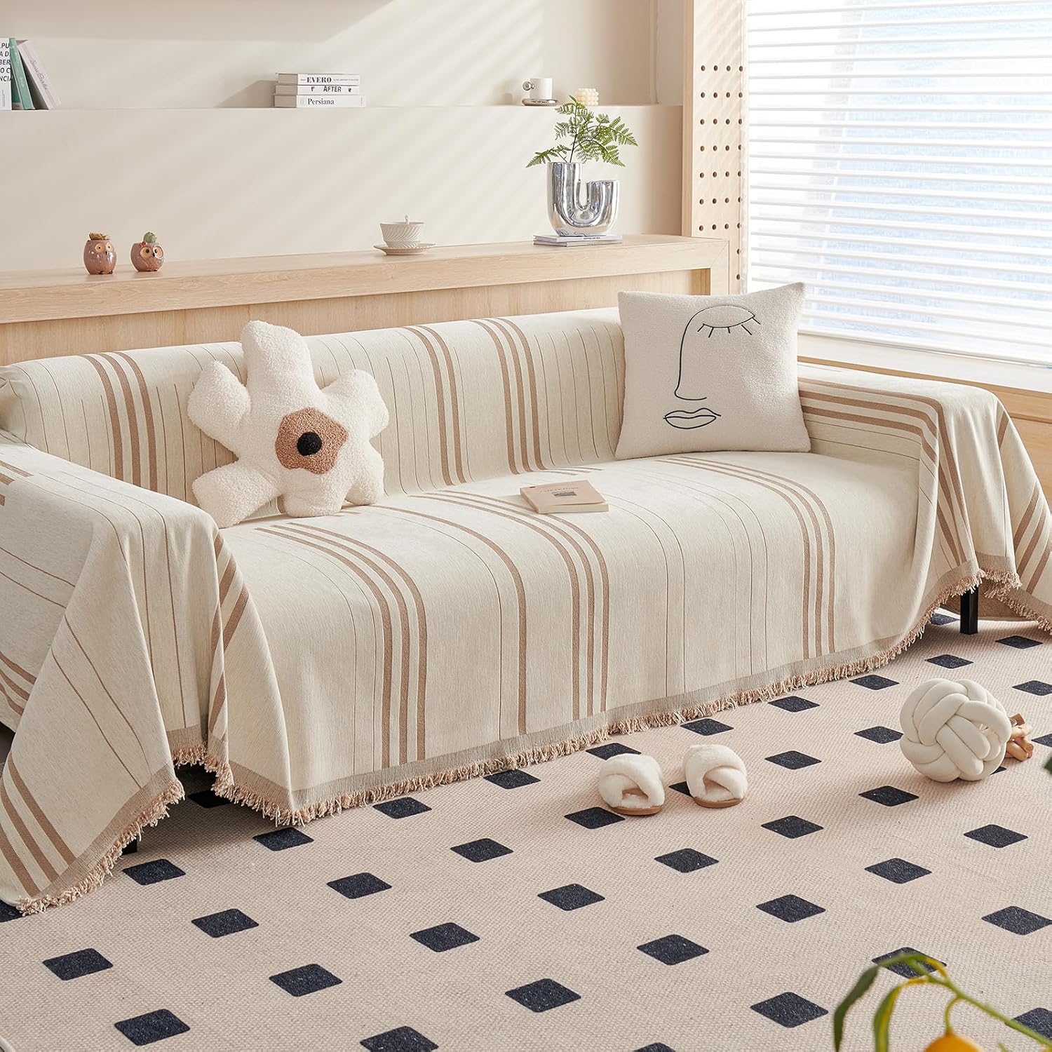 DREAMINGO Couch Cover Reversible Chenille 3 Seat Sofa Covers for Dogs Pets Beige Coffee Couch Protector for 3 Cushion Couch Sofa Vertical Stripe Jacquard Sofa Slipcover Sectional, 71"x134"