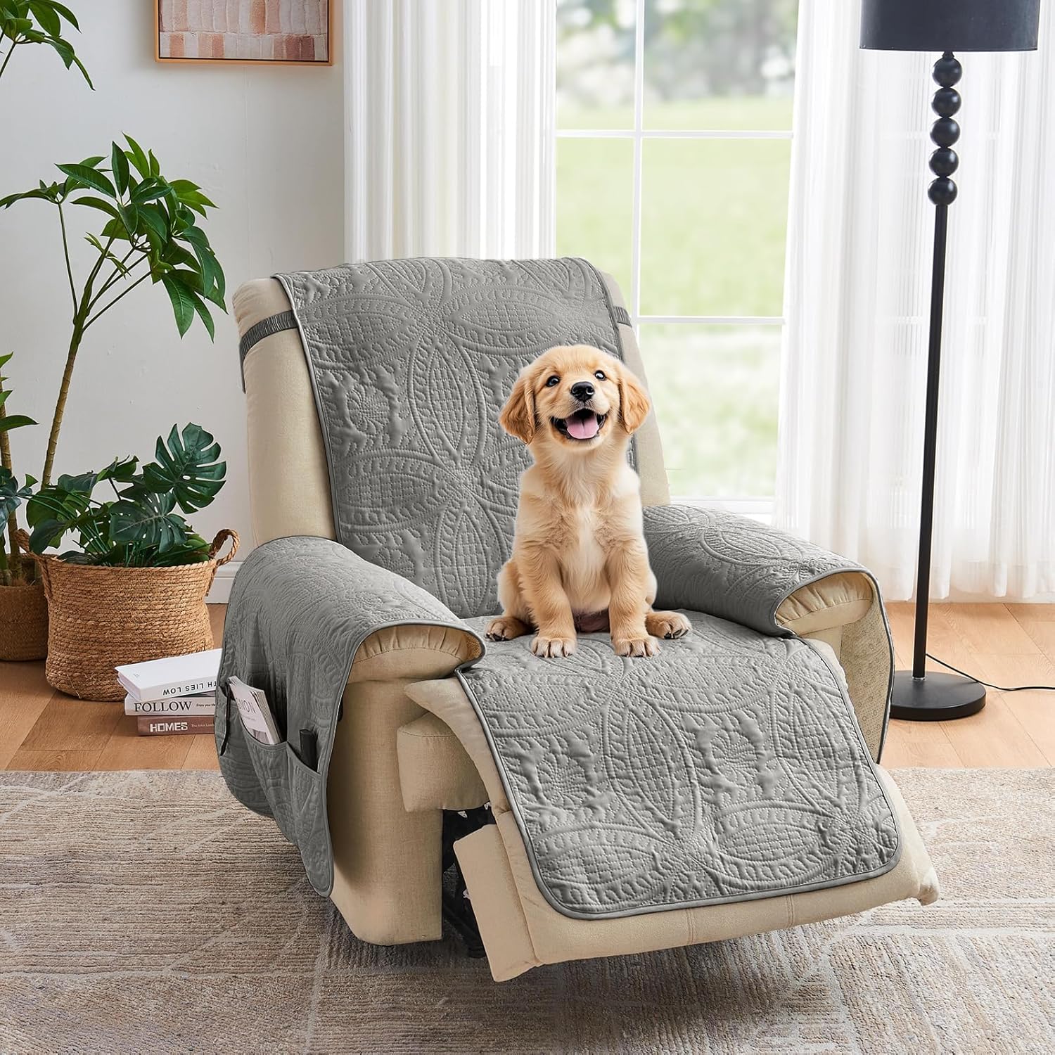 Beige Quilted Recliner Covers, Water-Repellent Recliner Slipcovers, Lazy Boy Chair Covers, Pet Friendly Recliner Cover for Dogs Cats, Washable Furniture Protector (Recliner 22", Beige Cream)