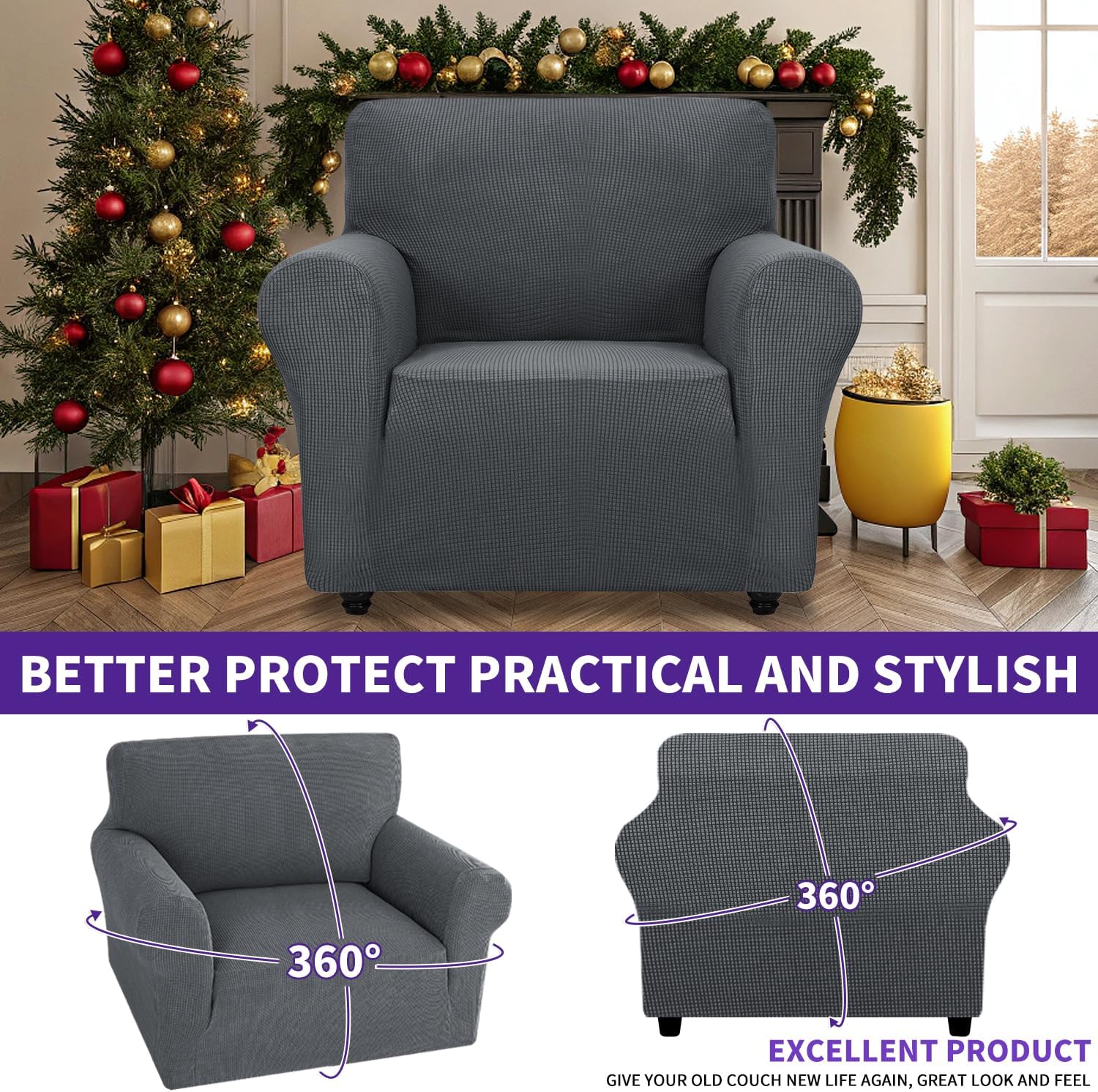 ZNSAYOTX Super Stretch Chair Slipcover Universal Sofa Chair Covers for Living Room Dogs Pet Furniture Protector Spandex Armchair Slipcovers with Anti Slip Foam Sticks (Dark Grey, Chair)