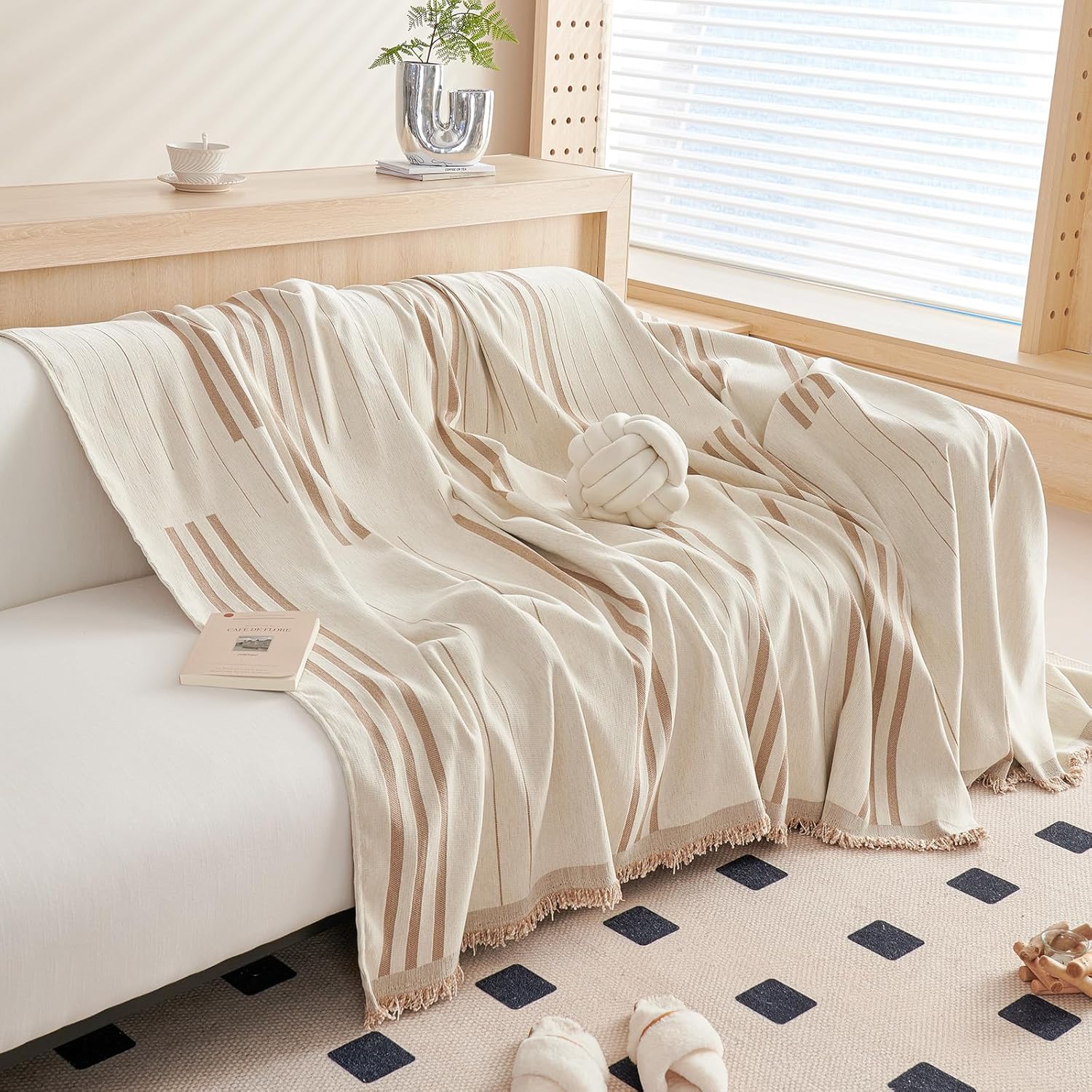 DREAMINGO Couch Cover Reversible Chenille 3 Seat Sofa Covers for Dogs Pets Beige Coffee Couch Protector for 3 Cushion Couch Sofa Vertical Stripe Jacquard Sofa Slipcover Sectional, 71"x134"