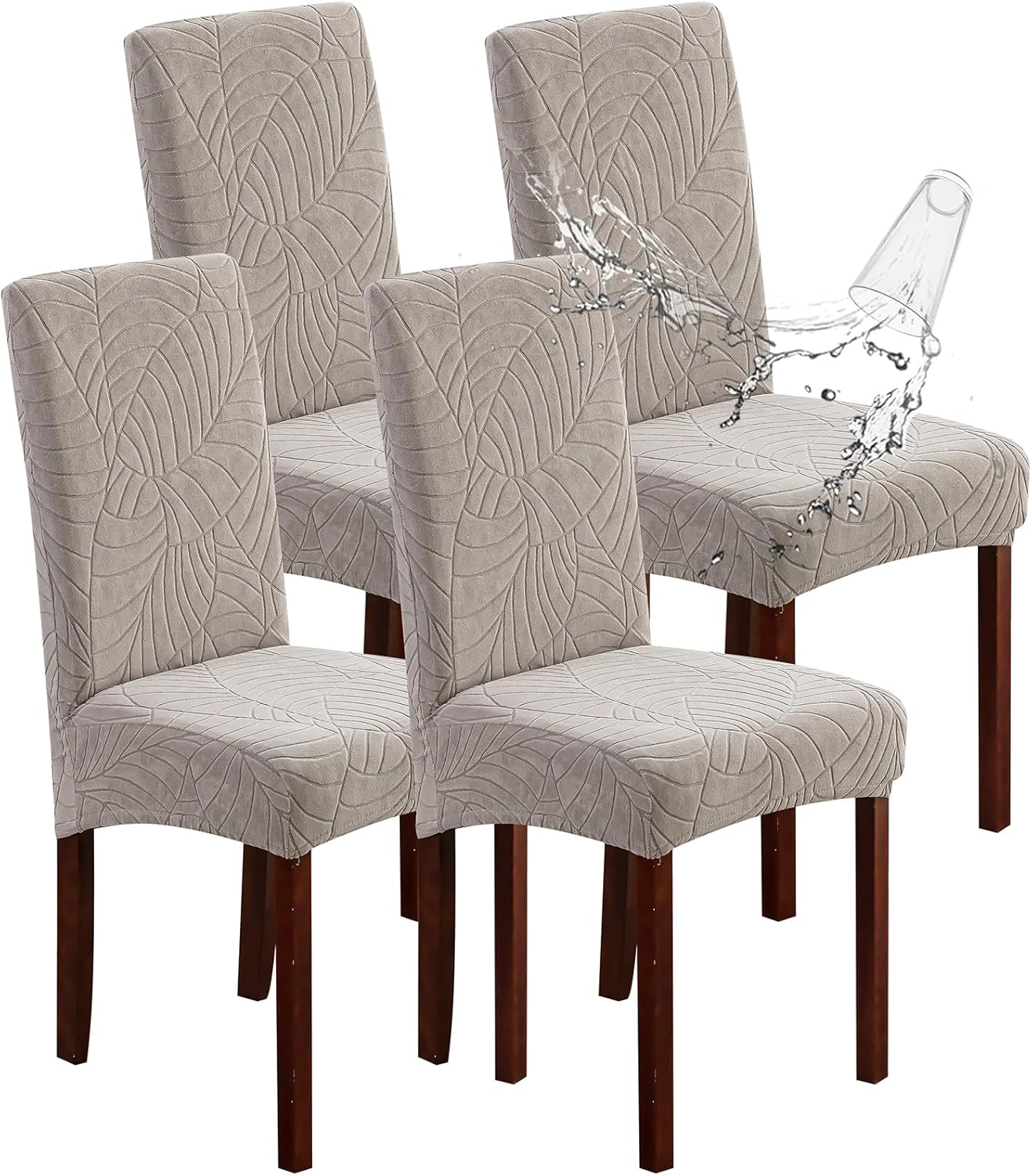 Genina 100% Waterproof Chair Covers for Dining Room Set of 4, Stretch Parson Chair Slipcovers for Kitchen Chairs, Washable Chair Protectors, Leaves-Warm Gray
