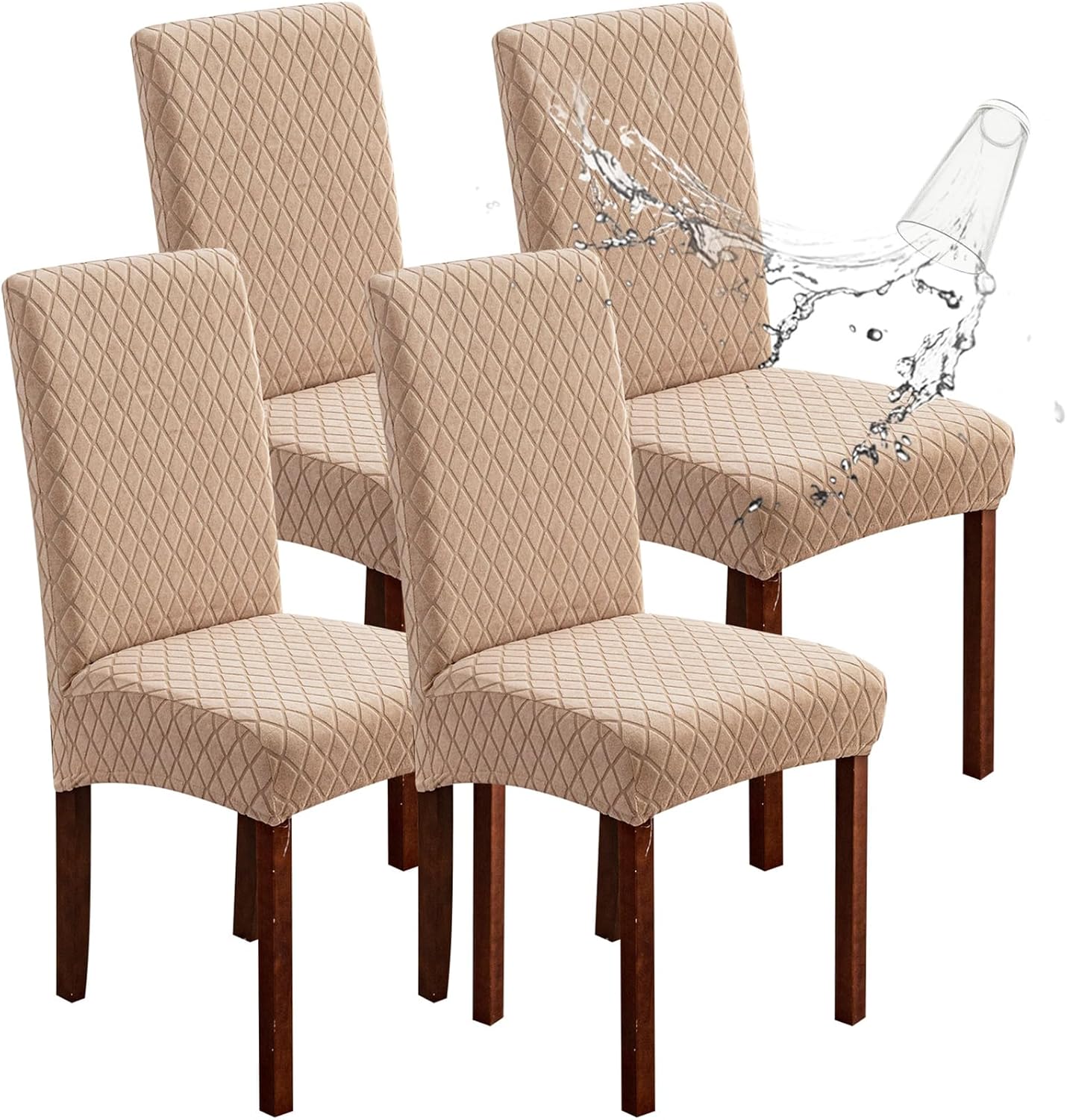 Genina 100% Waterproof Chair Covers for Dining Room Set of 4, Stretch Parson Chair Slipcovers for Kitchen Chairs, Washable Chair Protectors, Leaves-Warm Gray