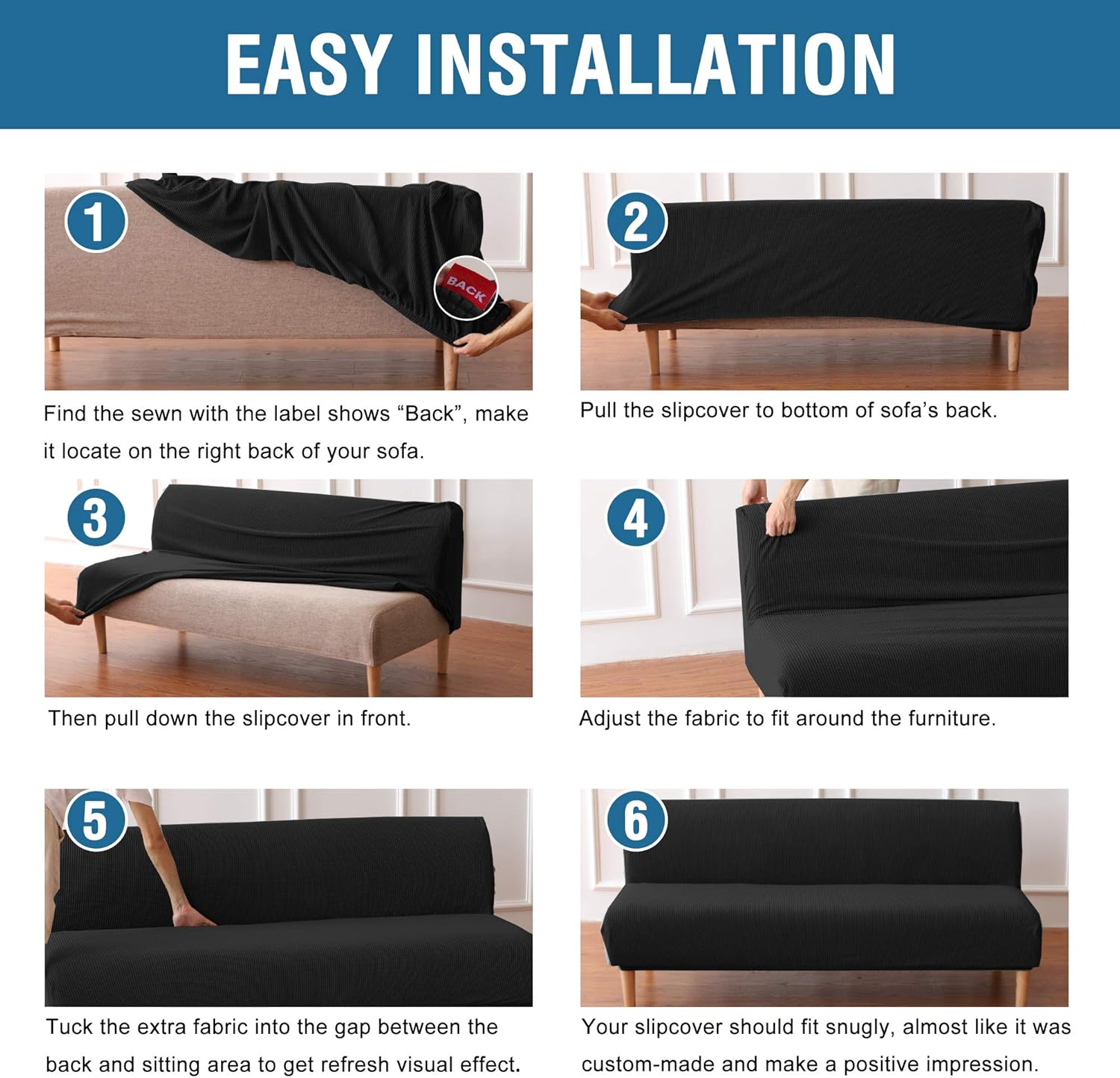 H.VERSAILTEX Armless Futon Cover Stretch Sofa Bed Slipcover Protector Elastic Feature Rich Textured High Spandex Small Checks Jacquard Fabric Futon Cover, Machine Washable, Gray