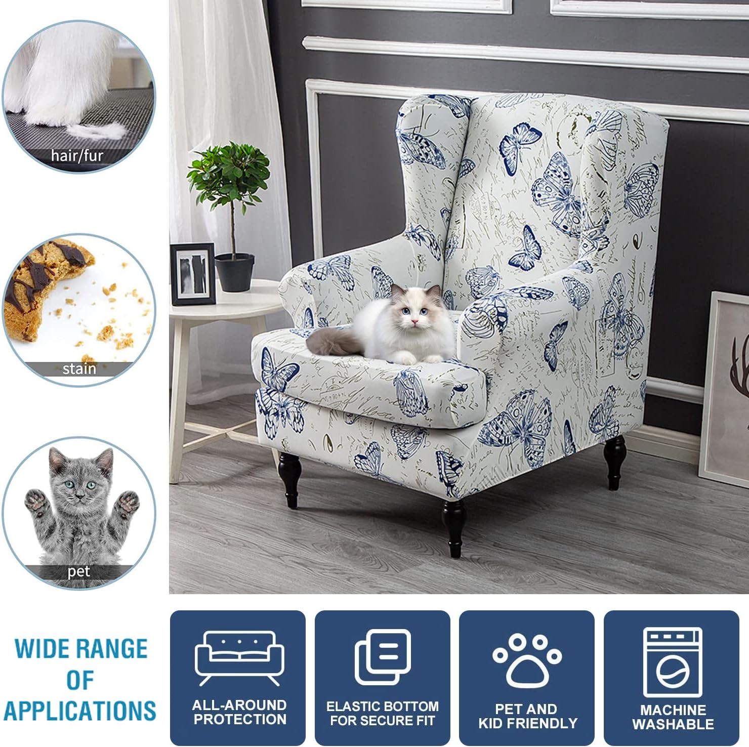 Wing Chair Slipcovers 2 Pieces Stretch Spandex Wingback Chair Covers Sofa Slipcover Printing Wingback Armchair Slipcovers Furniture Protector Couch Soft with Elastic Bottom for Wingback Chairs,12