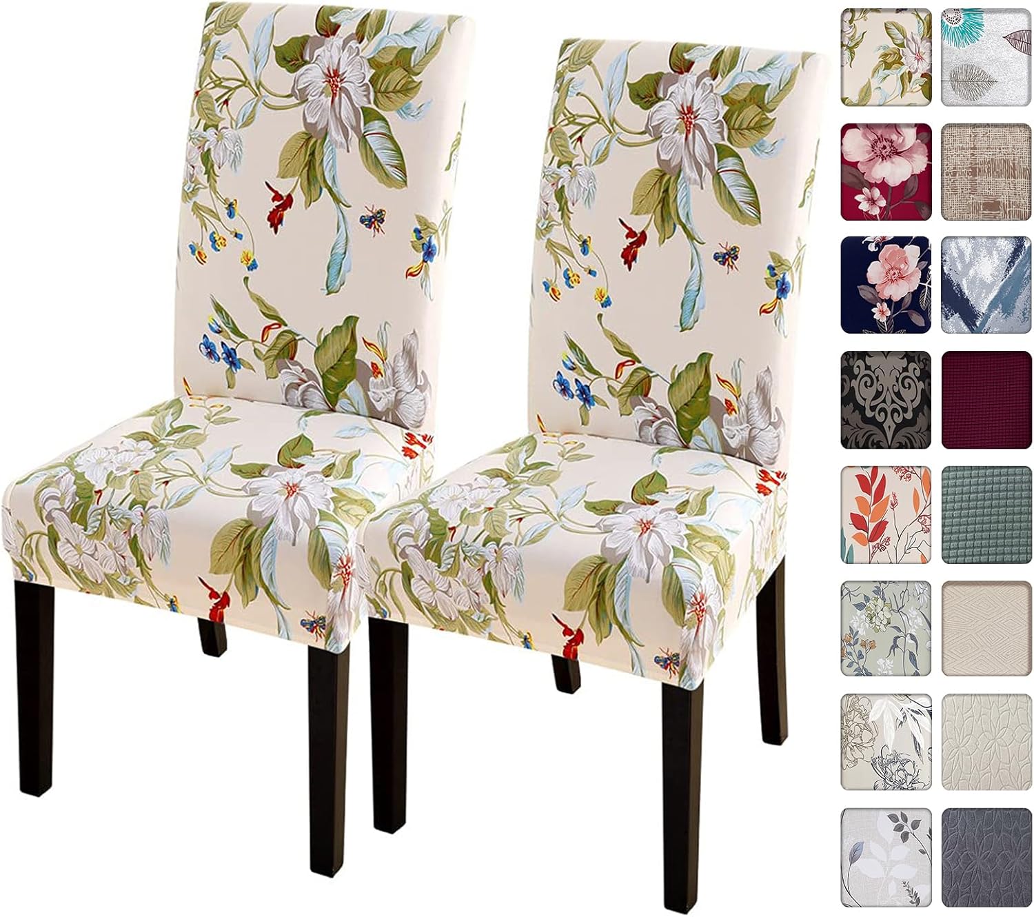 SearchI Chair Covers Slipcovers Set of 4, Spandex Super Fit Stretch Removable Washable Kitchen Parsons Protector for Dining Room,Hotel,Ceremony,Beige+Flowers