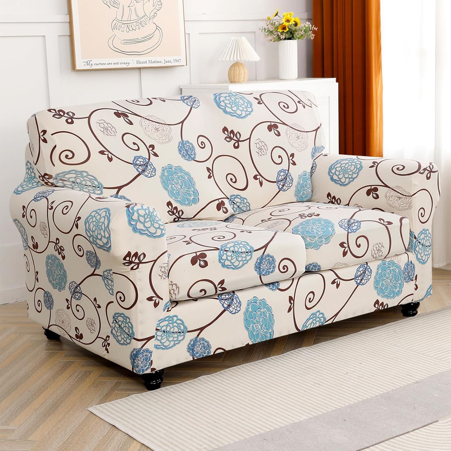 SearchI Stretch Sofa Cover Printed Couch Covers, Floral Pattern 2 Piece Armchair Slipcover with Separate Chair Cushion Cover, Washable Furniture Protector for Living Room(Armchair, Ball Flower)