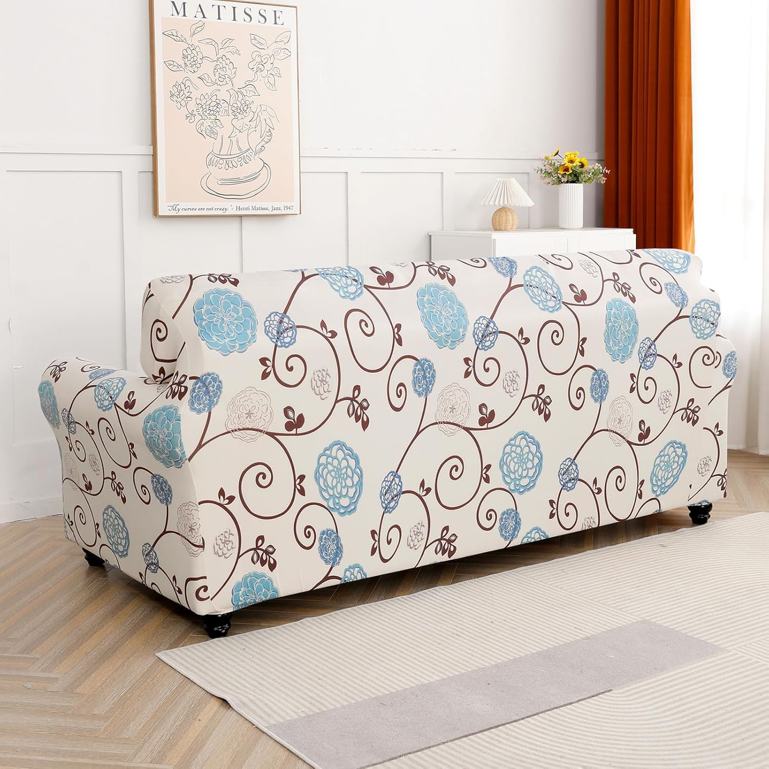 SearchI Stretch Sofa Cover Printed Couch Covers, Floral Pattern 2 Piece Armchair Slipcover with Separate Chair Cushion Cover, Washable Furniture Protector for Living Room(Armchair, Ball Flower)