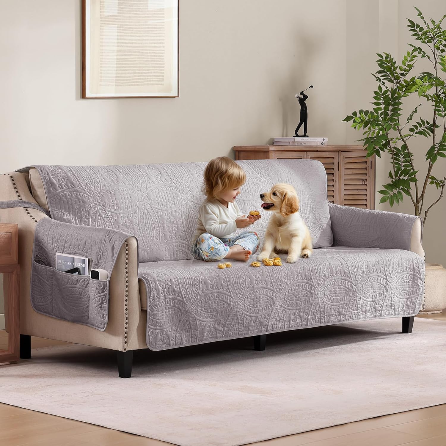 Beige Quilted Recliner Covers, Water-Repellent Recliner Slipcovers, Lazy Boy Chair Covers, Pet Friendly Recliner Cover for Dogs Cats, Washable Furniture Protector (Recliner 22", Beige Cream)