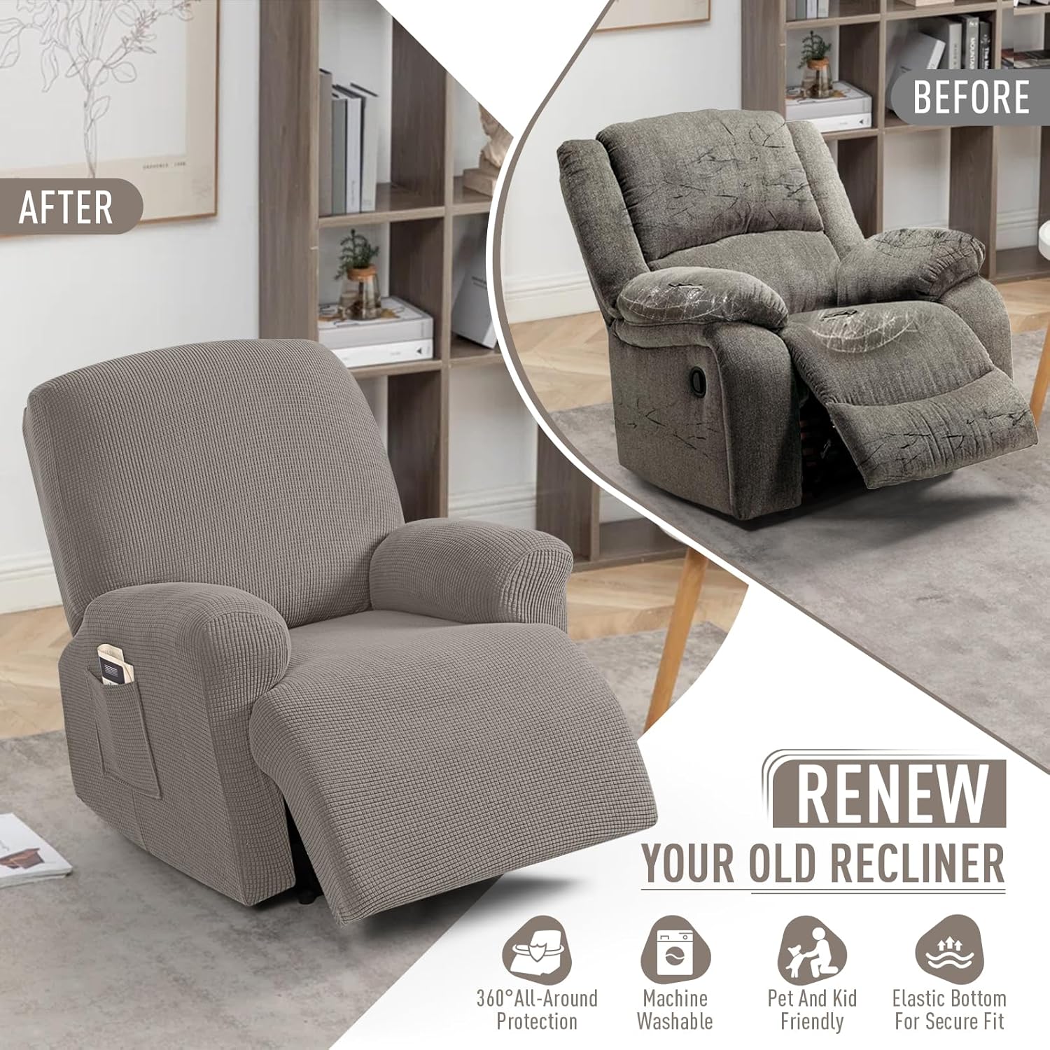 TAOCOCO Recliner Cover 4-Pieces, Recliner Stretch Sofa Slipcover, Recliner Cover 1 Seat, Couch Protector Soft, Furniture Protector Covers with Elastic,Chair Covers Jacquard Pattern (Grey)