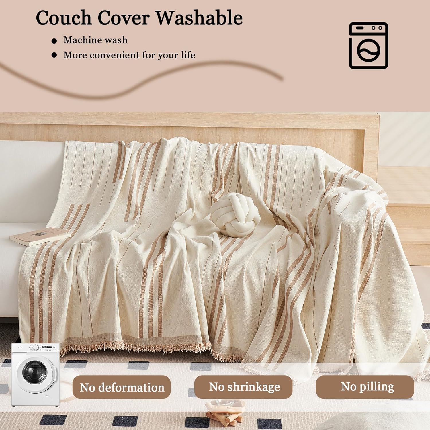 DREAMINGO Couch Cover Reversible Chenille 3 Seat Sofa Covers for Dogs Pets Beige Coffee Couch Protector for 3 Cushion Couch Sofa Vertical Stripe Jacquard Sofa Slipcover Sectional, 71"x134"