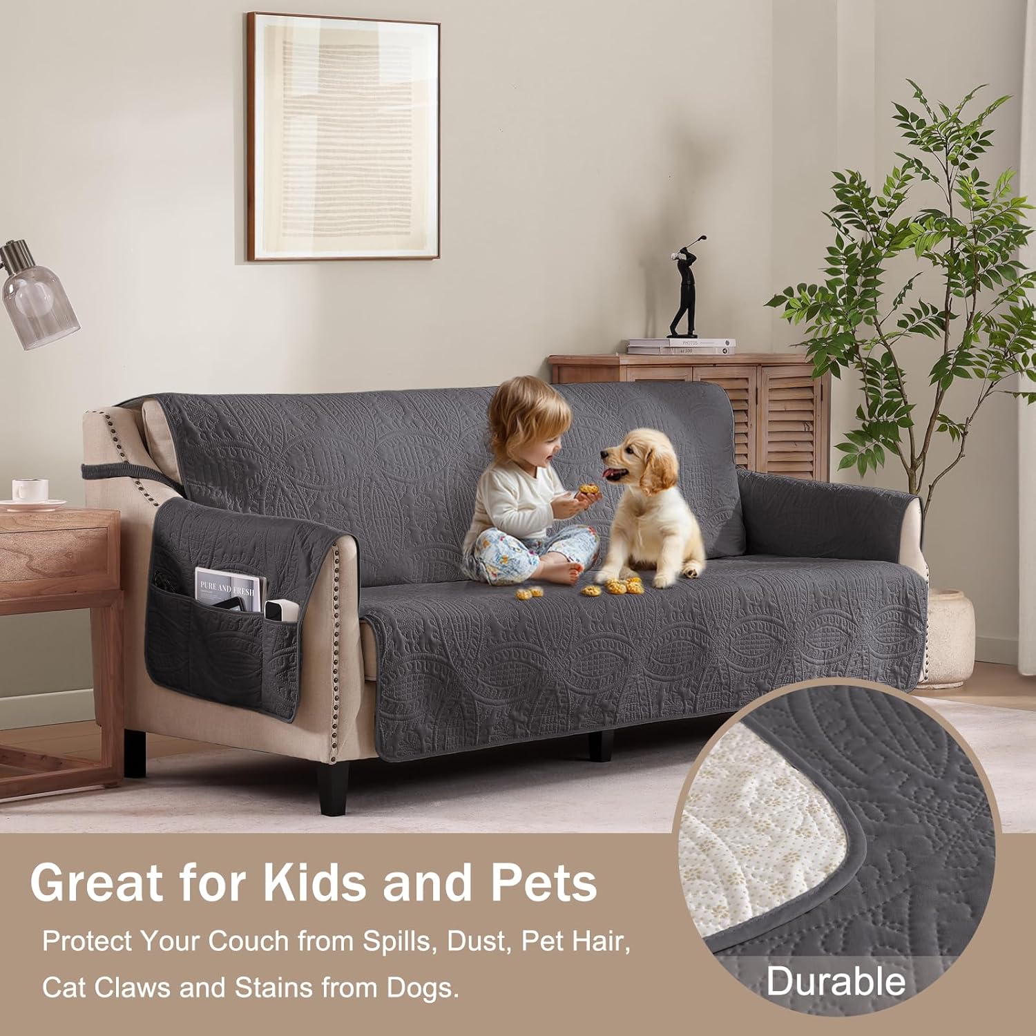 Beige Quilted Recliner Covers, Water-Repellent Recliner Slipcovers, Lazy Boy Chair Covers, Pet Friendly Recliner Cover for Dogs Cats, Washable Furniture Protector (Recliner 22", Beige Cream)