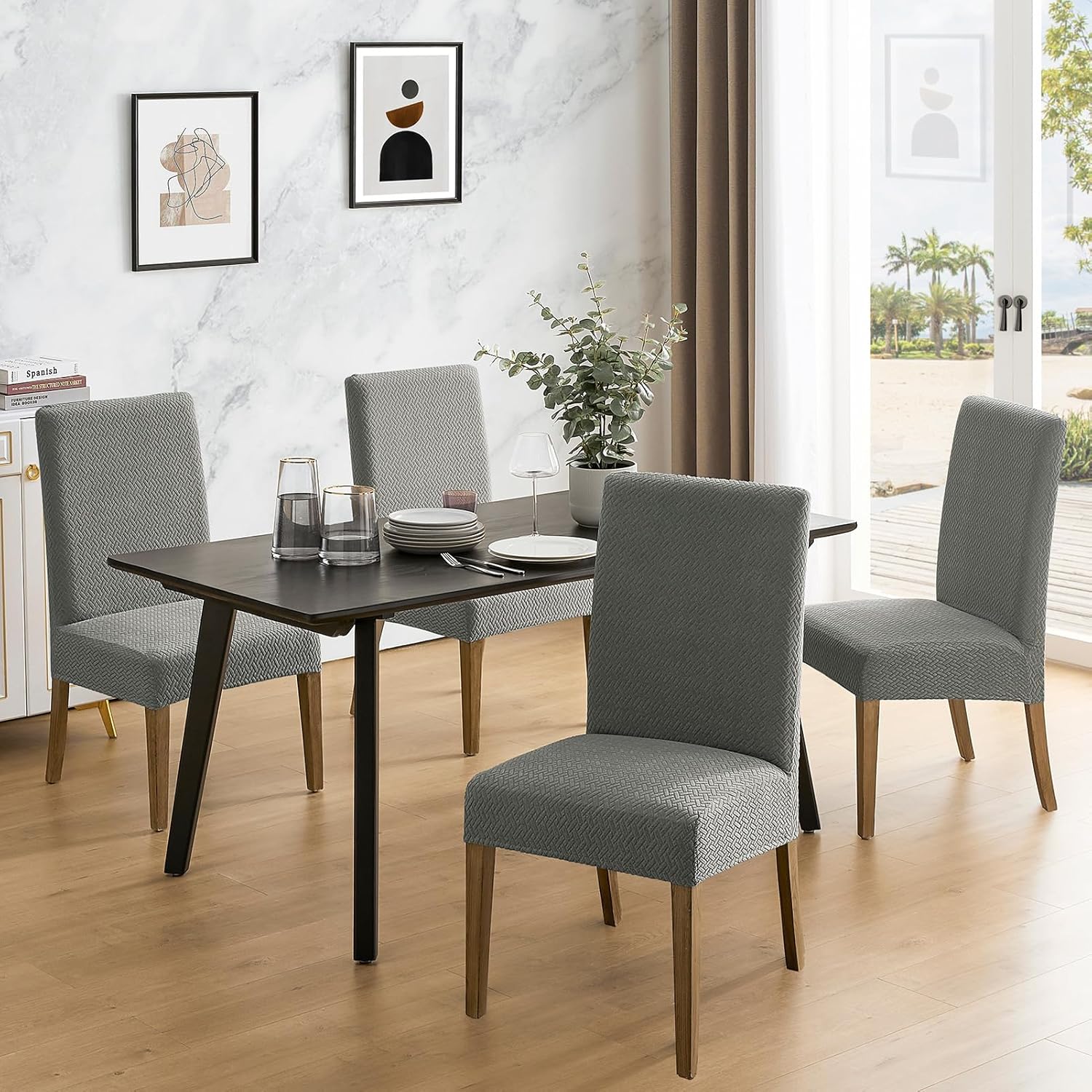 MOSAYT 100% Waterproof Dining Room Chair Covers Set of 4, Super Fit Stretch Jacquard Parson Chairs Slipcovers Removable Washable Chair Seat Protectors for Home, Kitchen, Banquet (Beige)