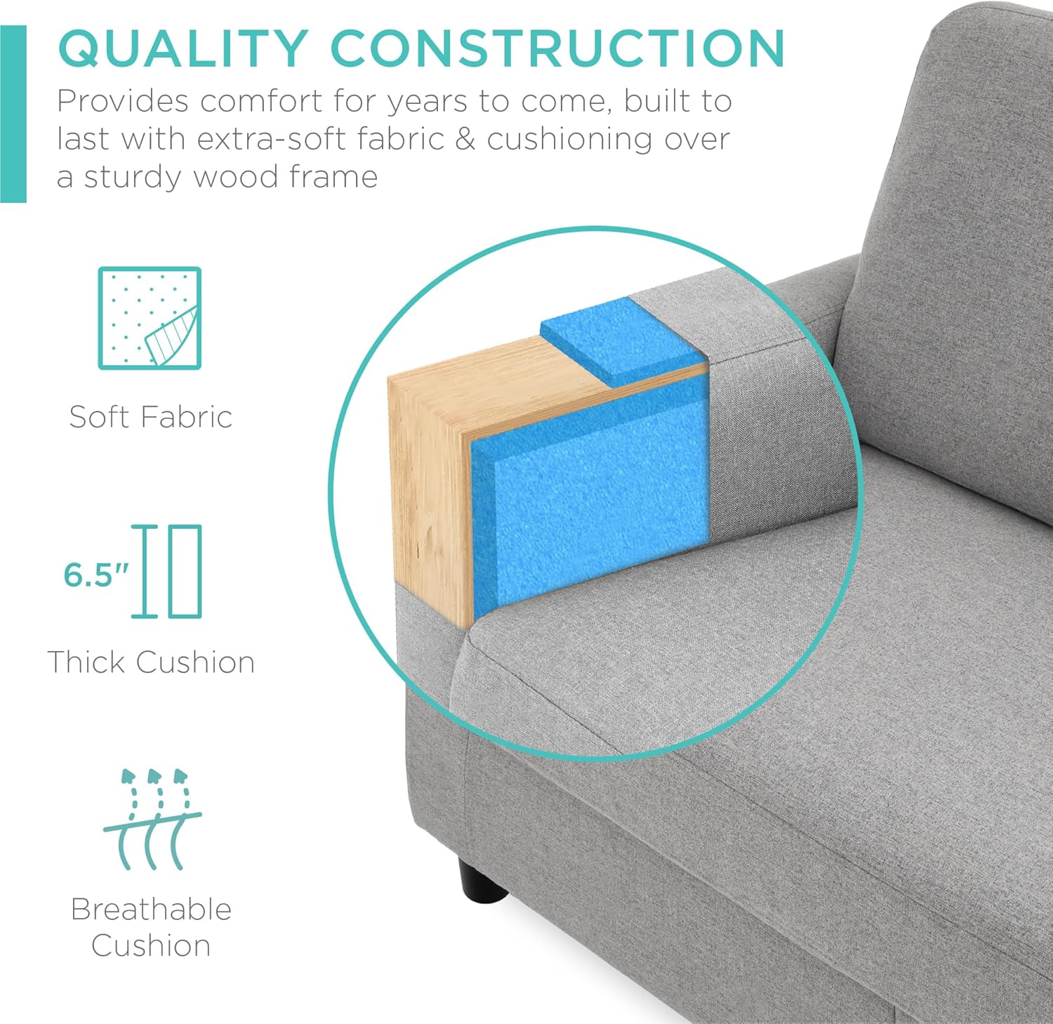 Best Choice Products Upholstered Sectional Sofa for Home, Apartment, Dorm, Bonus Room, Compact Spaces w/Chaise Lounge, 3-Seat, L-Shape Design, Reversible Ottoman Bench, 680lb Capacity - Light Gray