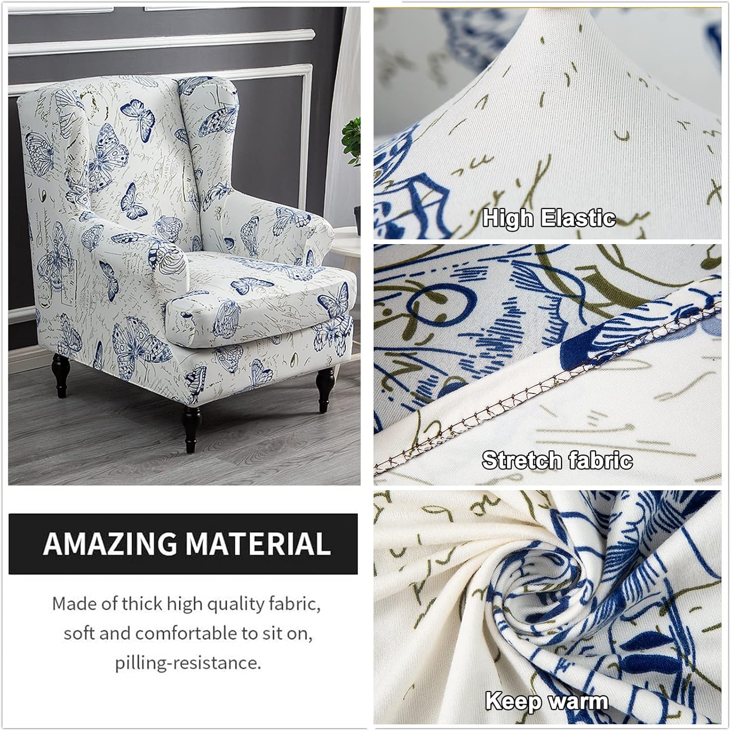 Wing Chair Slipcovers 2 Pieces Stretch Spandex Wingback Chair Covers Sofa Slipcover Printing Wingback Armchair Slipcovers Furniture Protector Couch Soft with Elastic Bottom for Wingback Chairs,12