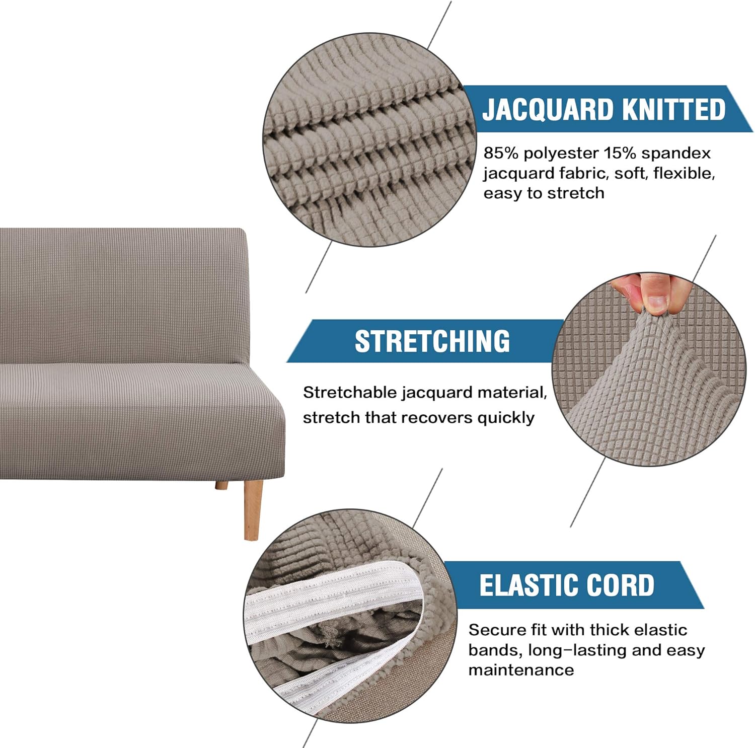 H.VERSAILTEX Armless Futon Cover Stretch Sofa Bed Slipcover Protector Elastic Feature Rich Textured High Spandex Small Checks Jacquard Fabric Futon Cover, Machine Washable, Gray
