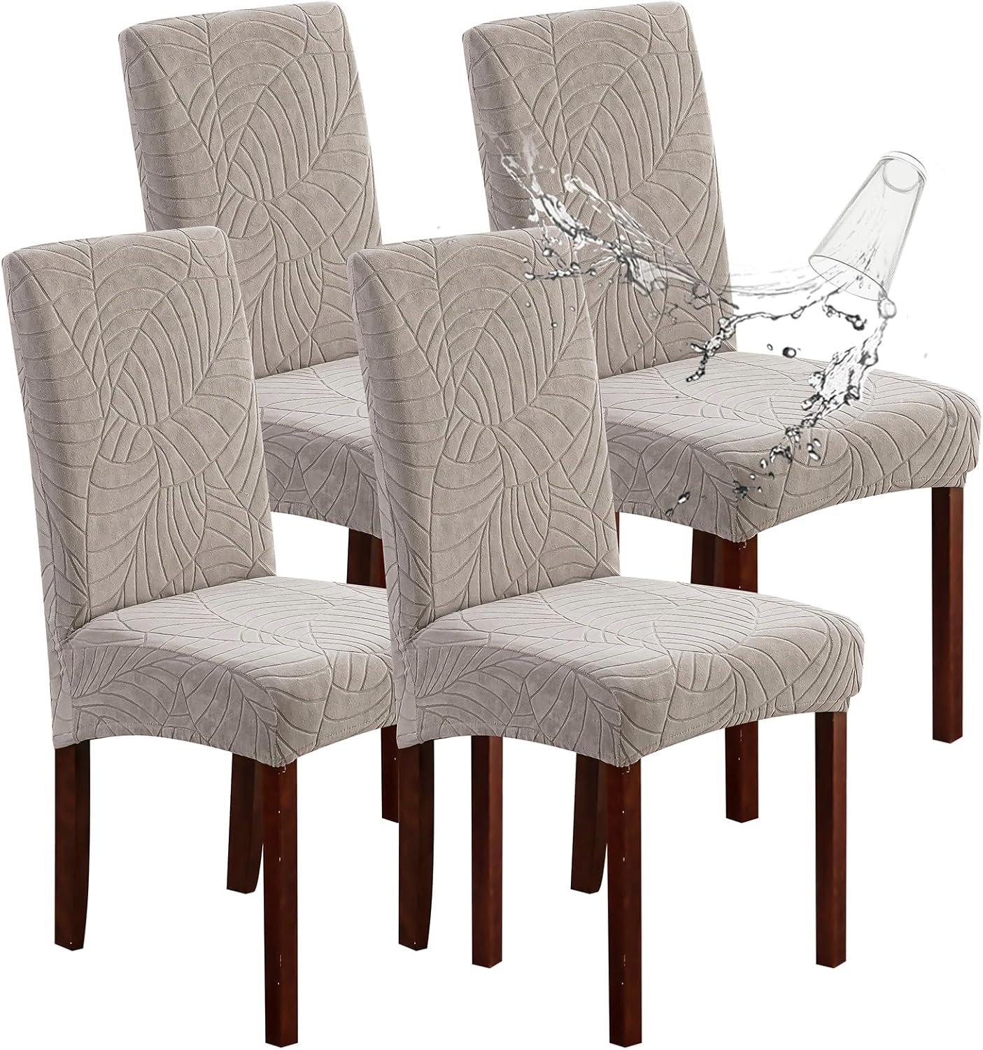 Genina 100% Waterproof Chair Covers for Dining Room Set of 4, Stretch Parson Chair Slipcovers for Kitchen Chairs, Washable Chair Protectors, Leaves-Warm Gray