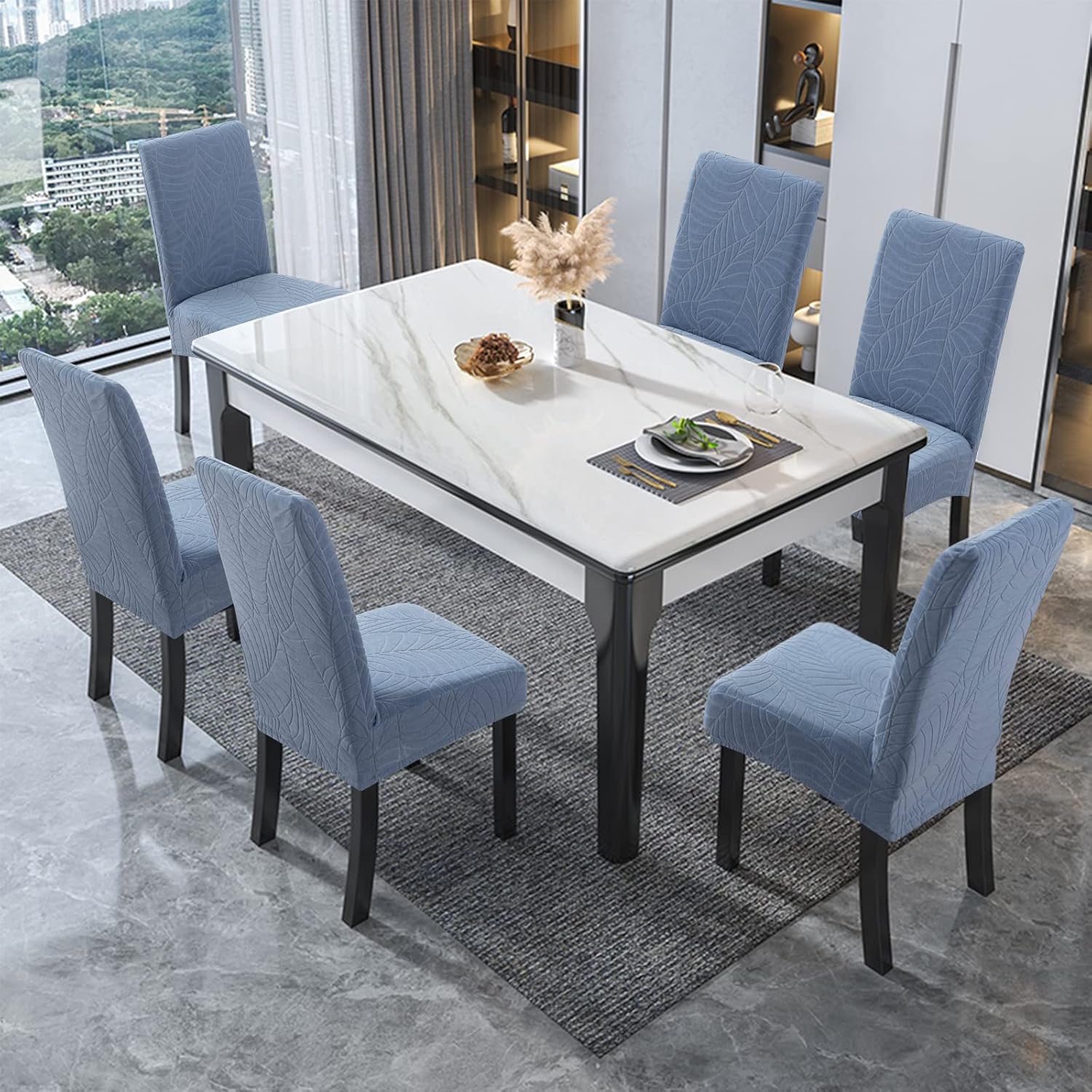 Genina 100% Waterproof Chair Covers for Dining Room Set of 4, Stretch Parson Chair Slipcovers for Kitchen Chairs, Washable Chair Protectors, Leaves-Warm Gray