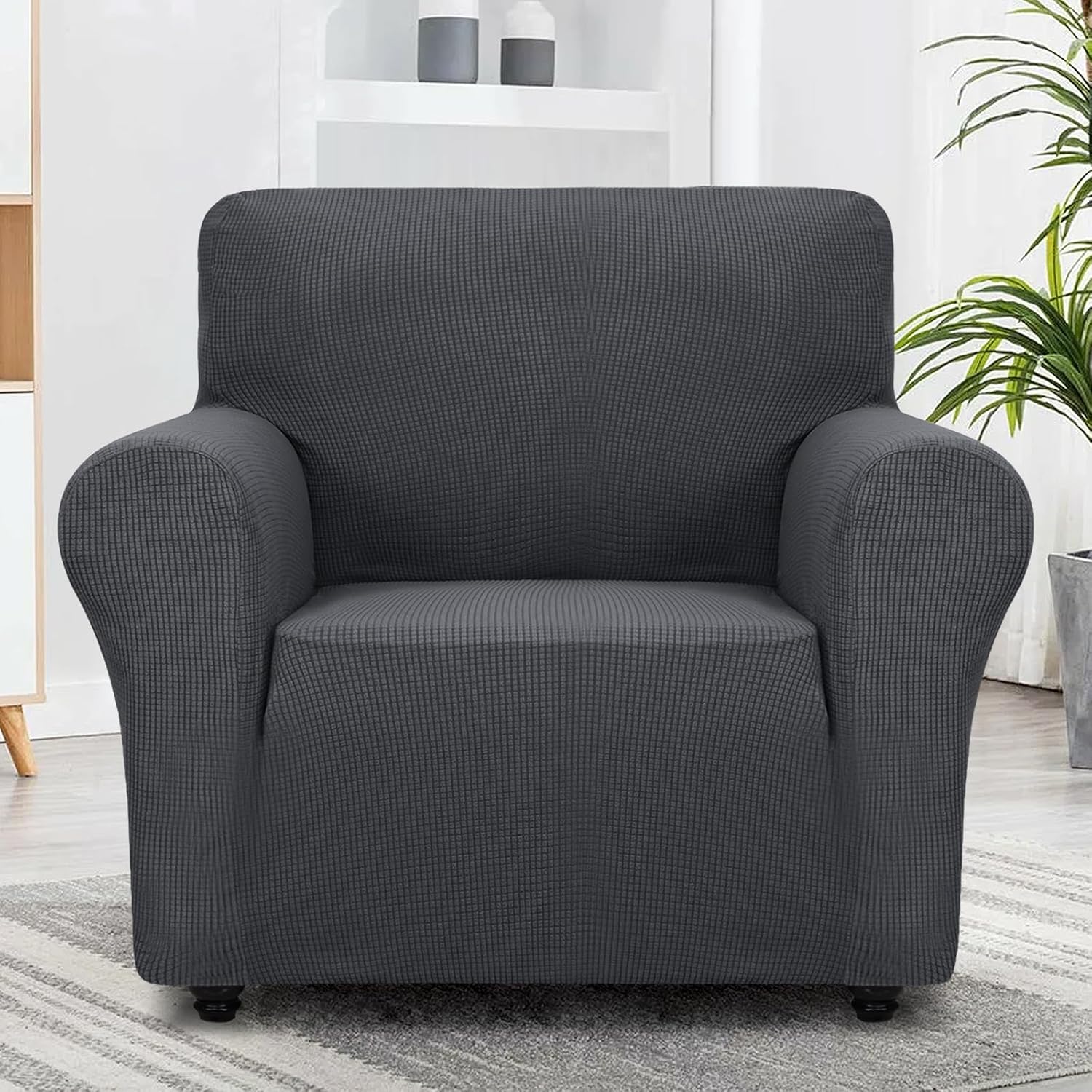 ZNSAYOTX Super Stretch Chair Slipcover Universal Sofa Chair Covers for Living Room Dogs Pet Furniture Protector Spandex Armchair Slipcovers with Anti Slip Foam Sticks (Dark Grey, Chair)