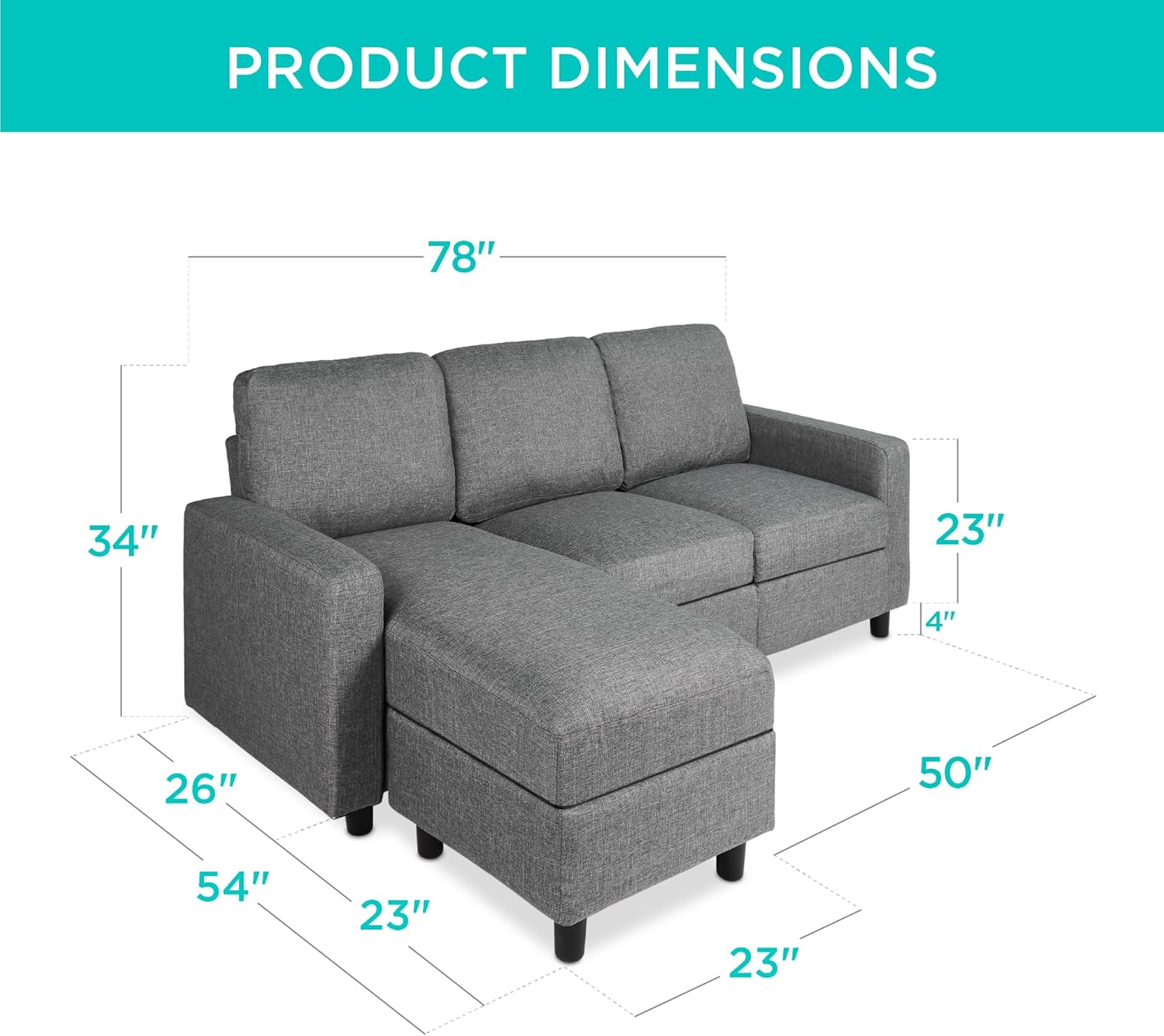 Best Choice Products Upholstered Sectional Sofa for Home, Apartment, Dorm, Bonus Room, Compact Spaces w/Chaise Lounge, 3-Seat, L-Shape Design, Reversible Ottoman Bench, 680lb Capacity - Light Gray