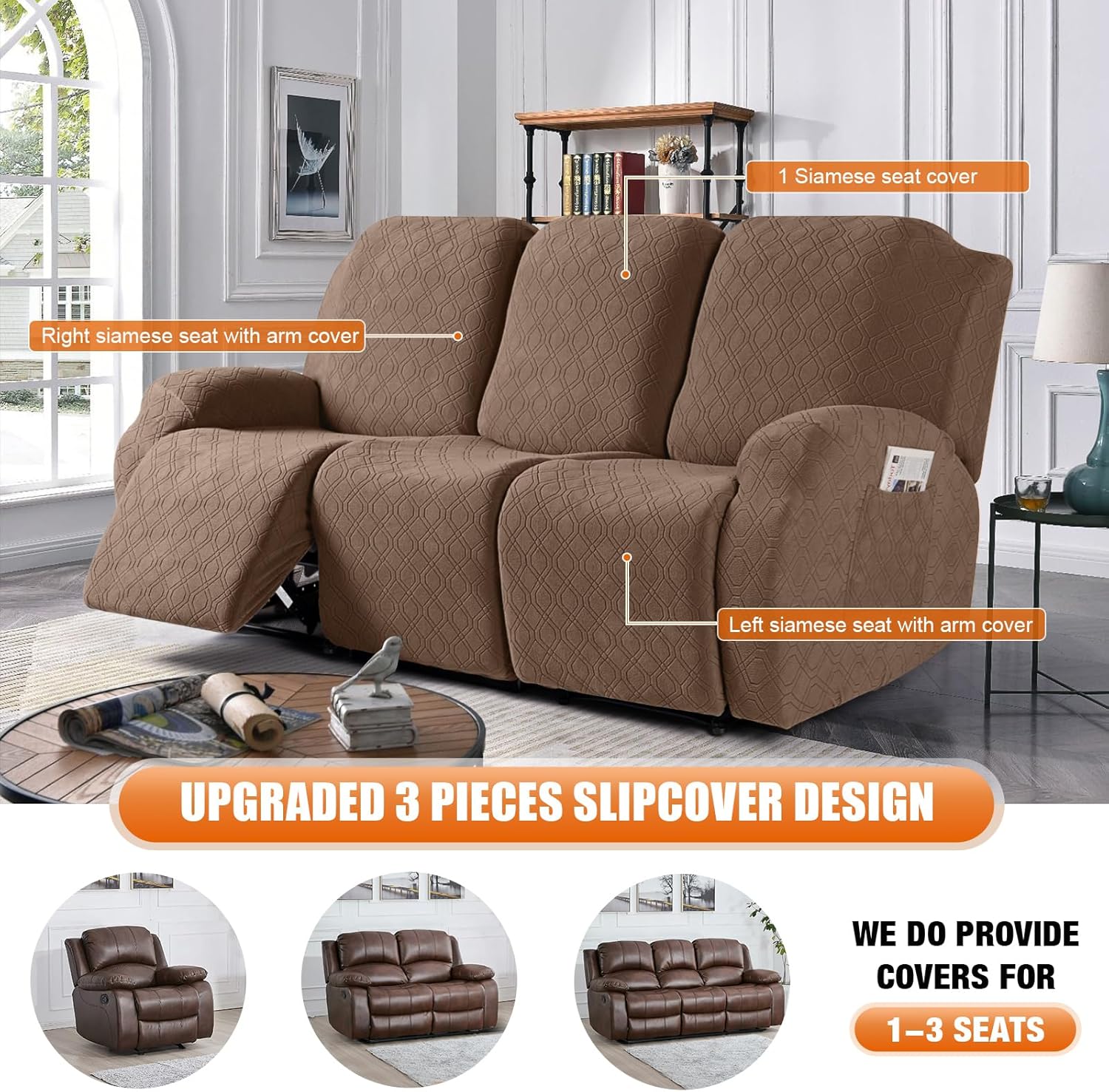 VANSOFY Recliner Chair Cover, 3-Pieces Stretch Recliner Covers for Recliner Chair Soft Reclining Chair Slipcover Furniture Protector for Dogs Cats(Dark Gray)