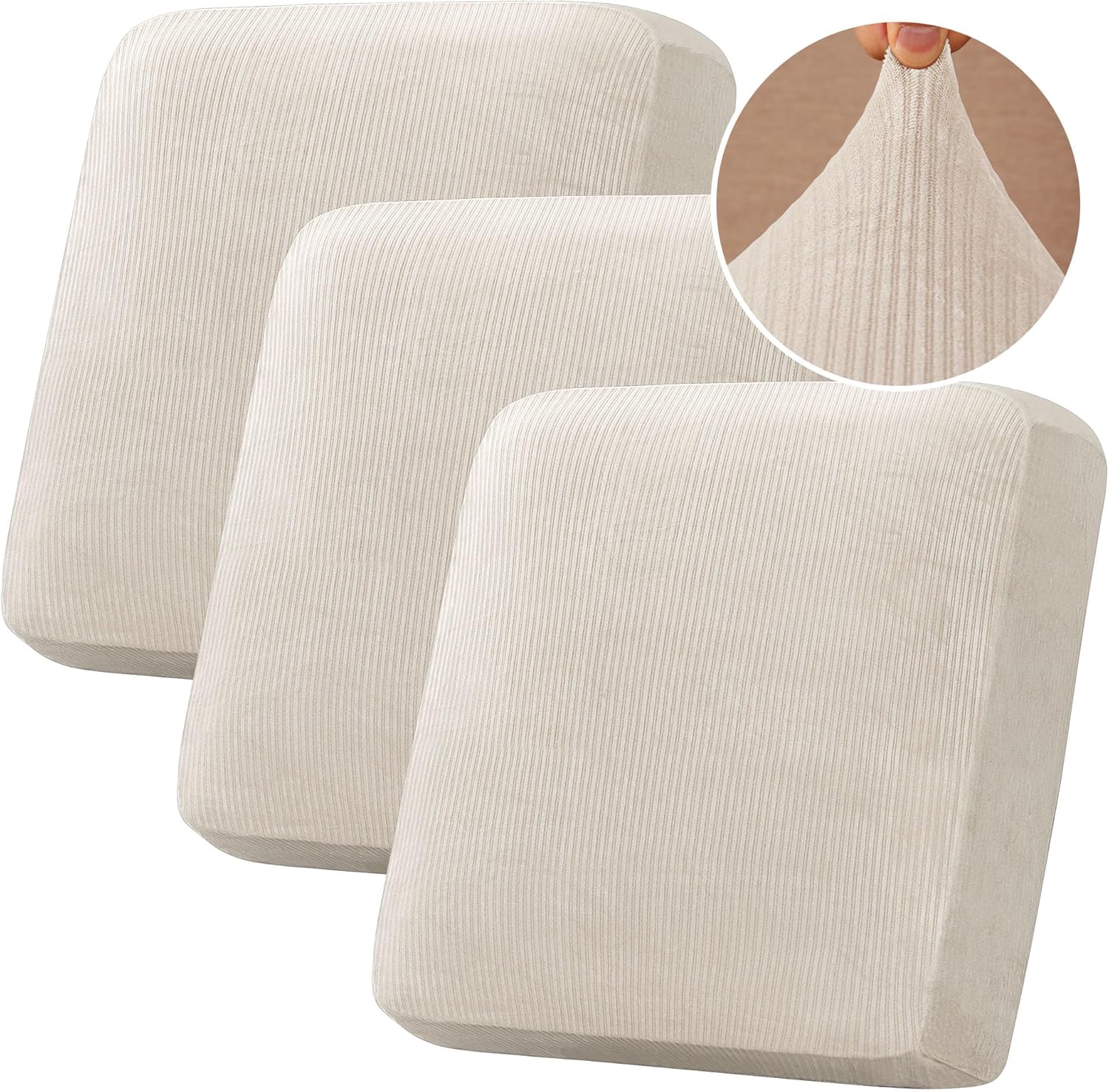 H.VERSAILTEX Velvet Stretch Couch Cushion Cover Plush Cushion Slipcover for Chair Loveseat Sofa Cushion Furniture Protector Seat Cushion Sofa Cover (3 Piece Sofa Cushion Covers, Ivory)