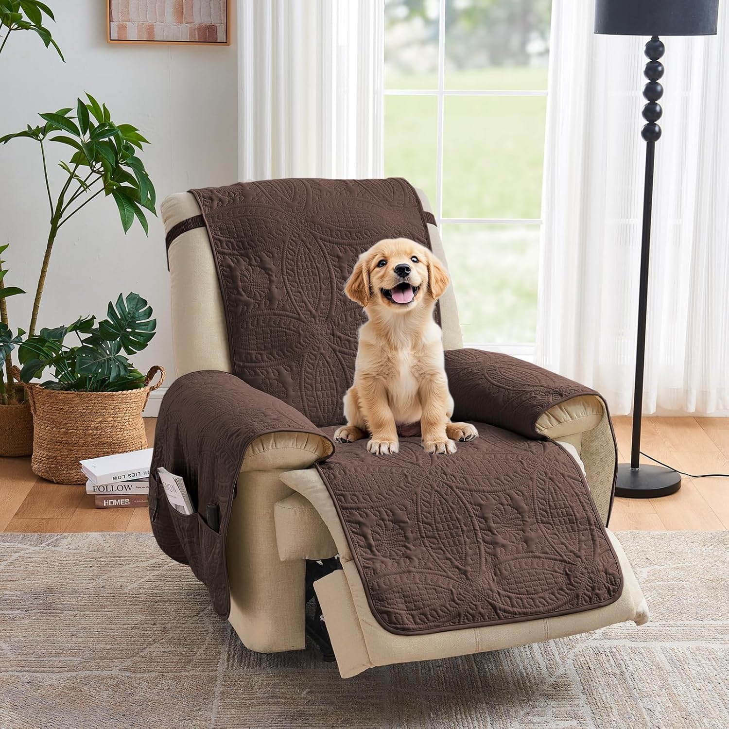 Beige Quilted Recliner Covers, Water-Repellent Recliner Slipcovers, Lazy Boy Chair Covers, Pet Friendly Recliner Cover for Dogs Cats, Washable Furniture Protector (Recliner 22", Beige Cream)
