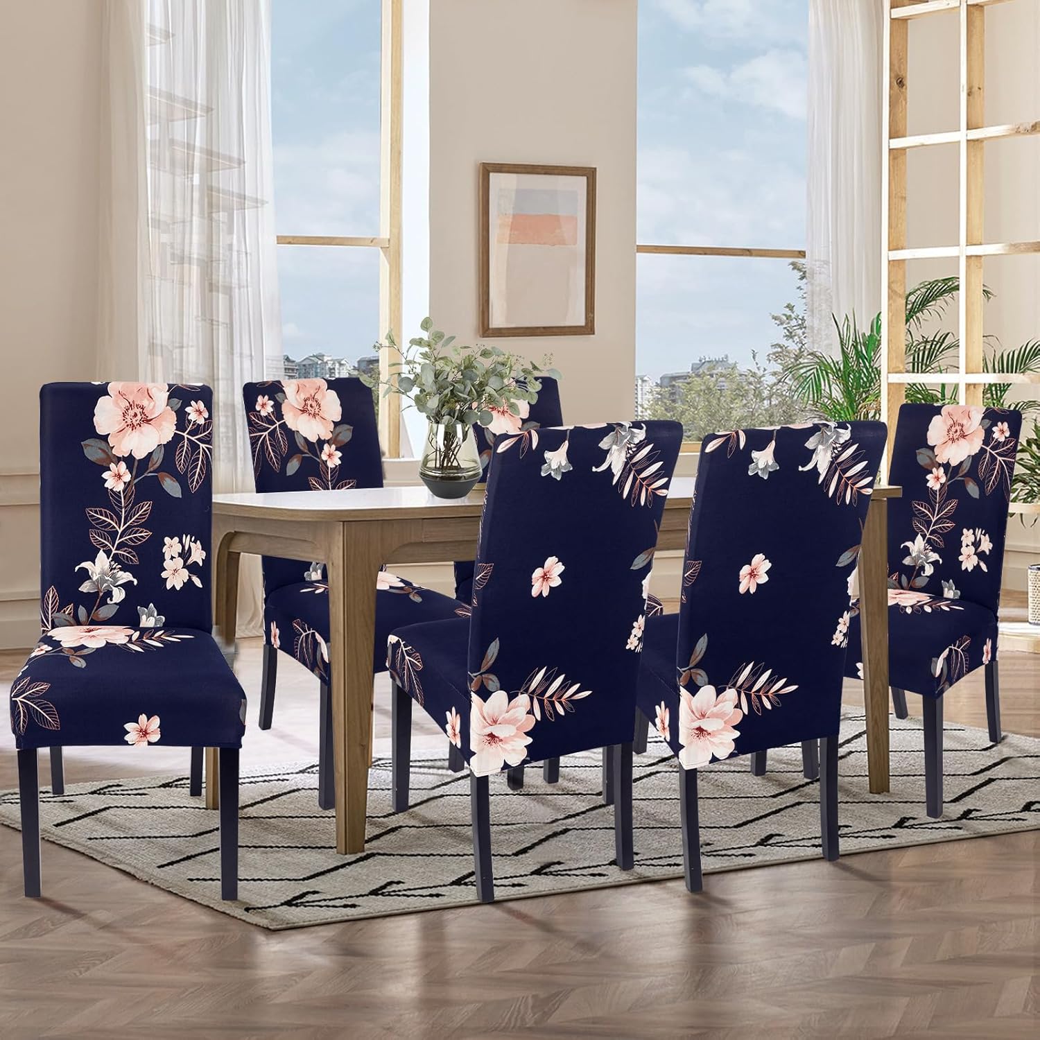 SearchI Chair Covers Slipcovers Set of 4, Spandex Super Fit Stretch Removable Washable Kitchen Parsons Protector for Dining Room,Hotel,Ceremony,Beige+Flowers