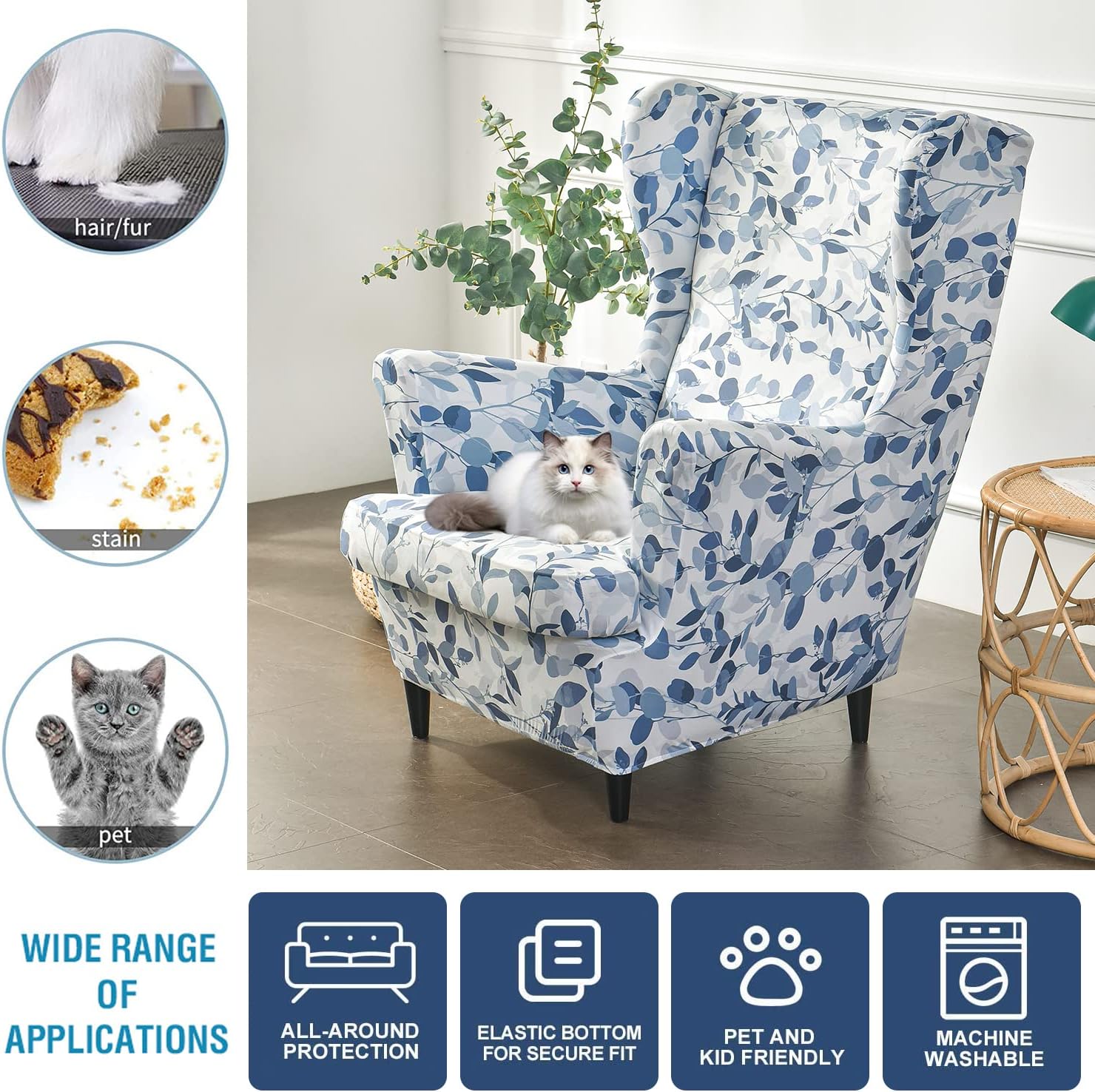 Wing Chair Slipcovers 2 Pieces Stretch Spandex Wingback Chair Covers Sofa Slipcover Printing Wingback Armchair Slipcovers Furniture Protector Couch Soft with Elastic Bottom for Wingback Chairs,12