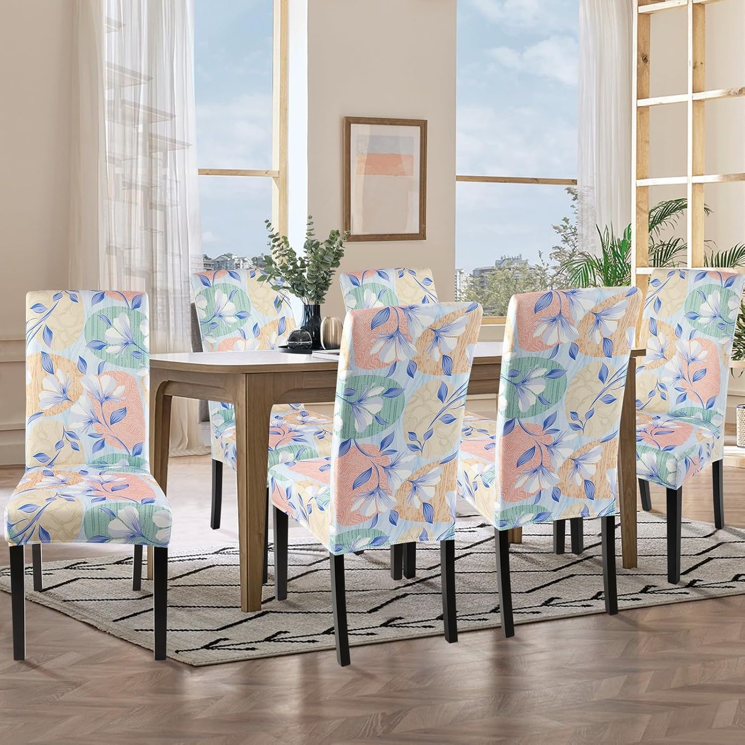 SearchI Chair Covers Slipcovers Set of 4, Spandex Super Fit Stretch Removable Washable Kitchen Parsons Protector for Dining Room,Hotel,Ceremony,Beige+Flowers