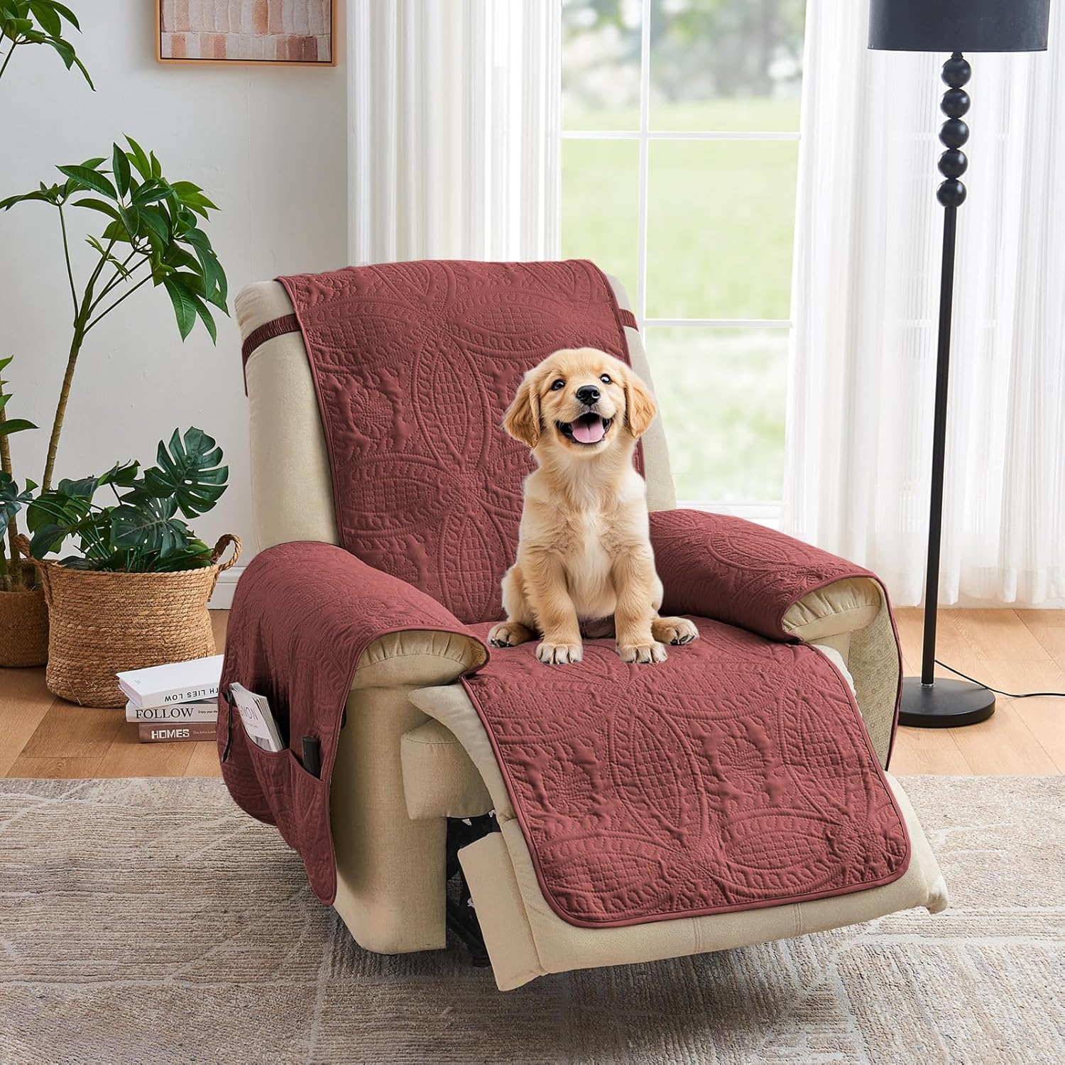 Beige Quilted Recliner Covers, Water-Repellent Recliner Slipcovers, Lazy Boy Chair Covers, Pet Friendly Recliner Cover for Dogs Cats, Washable Furniture Protector (Recliner 22", Beige Cream)